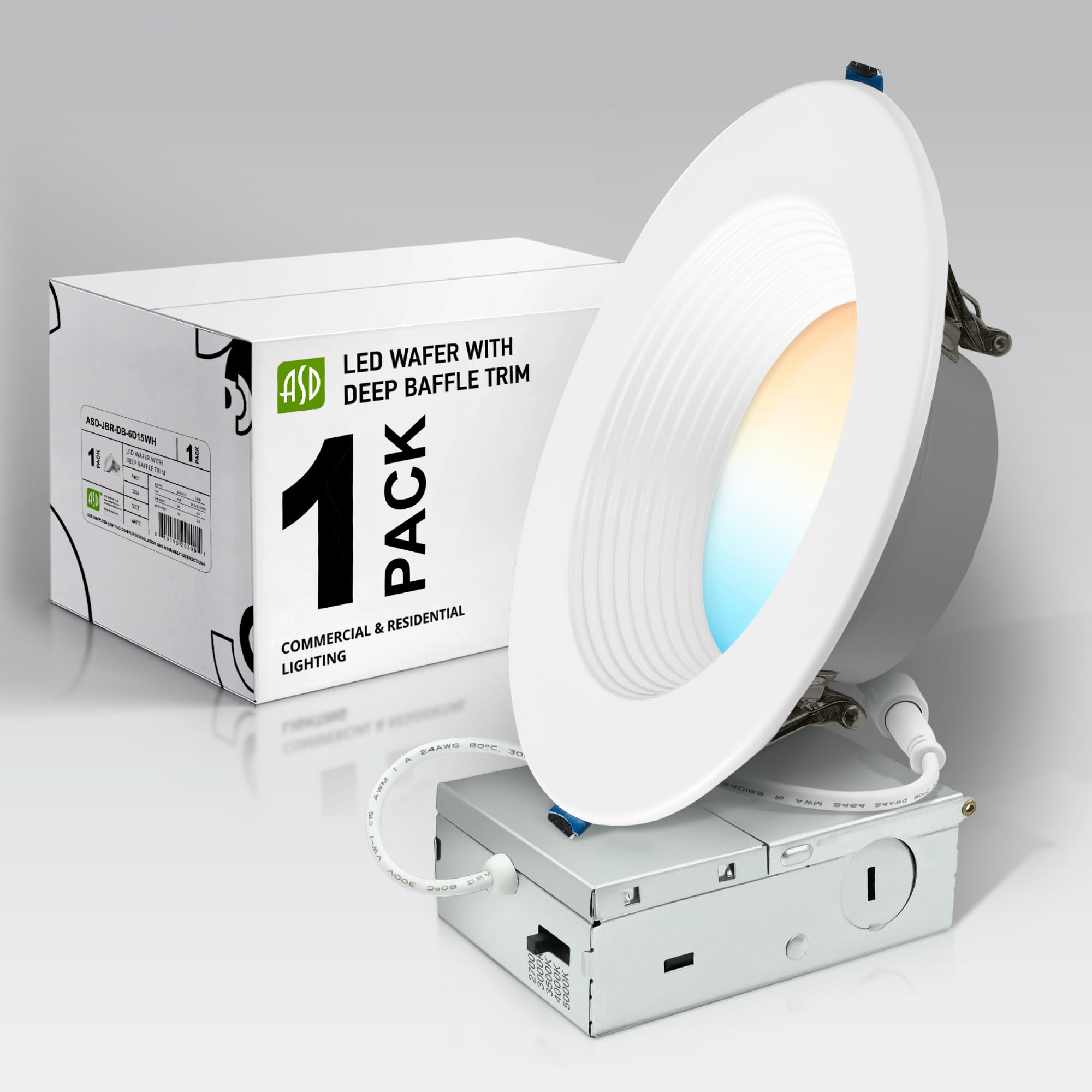 ASD 1 Pack Deep Regressed Baffle Trim Recessed Light, LED Wafer Lights 6 Inch 15W 1325LM, 5CCT 2700K-5000K CRI90+, Dimmable Down