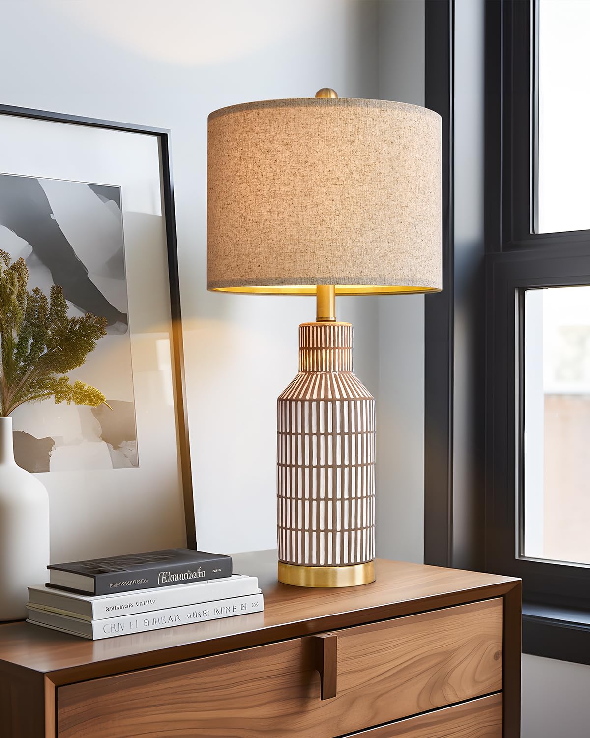 Usumkky 25'' Table Lamps Set Of 2, Modern Ceramic Bedside Lamps - Farmhouse Brown Nightstand Lamps For Bedroom, Boho Living Room