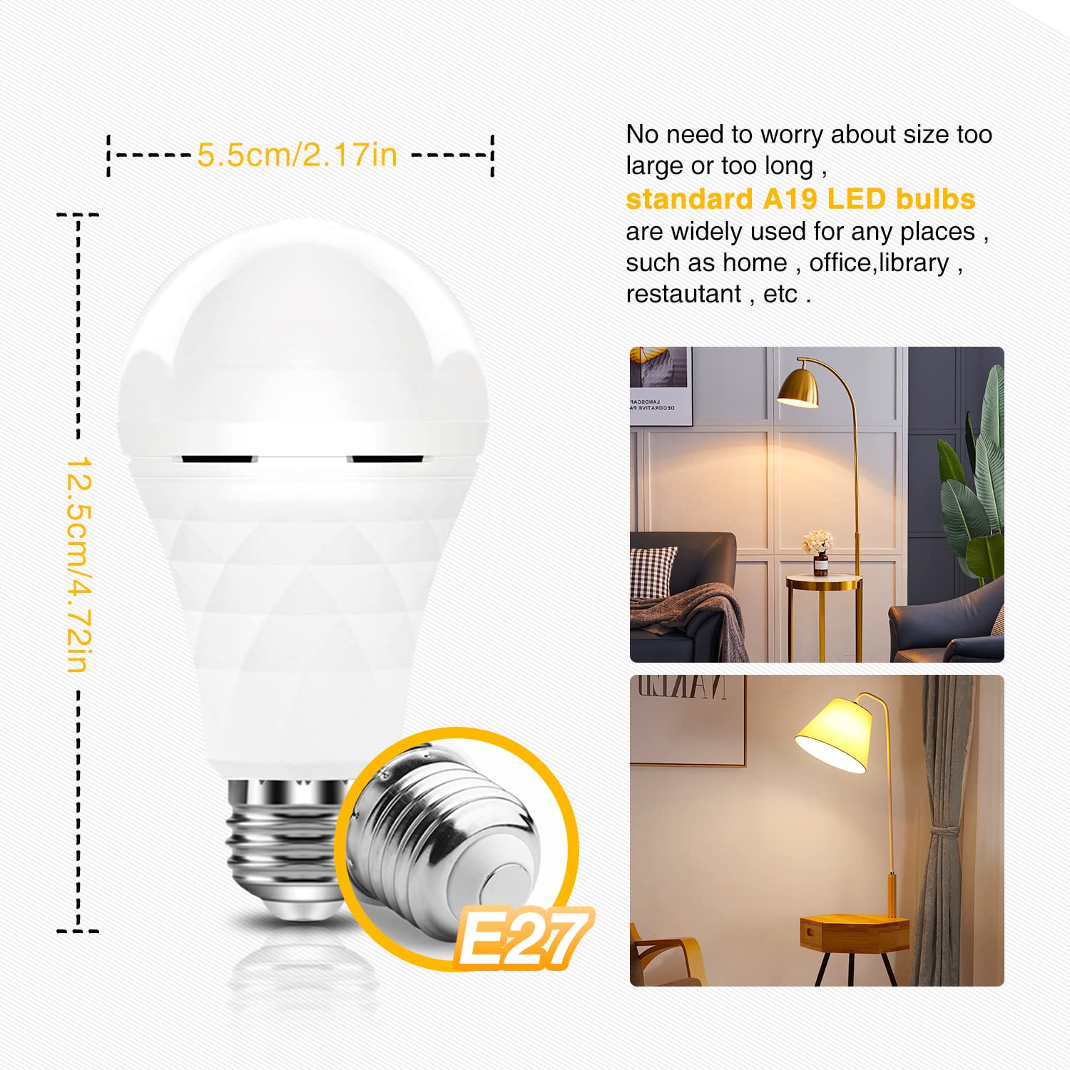 BoRccdit A19 Rechargeable Light Bulbs, 12W Soft White, 3PK, 1200mAh Battery Backup for Home Power Failure & Hurricane Supplies