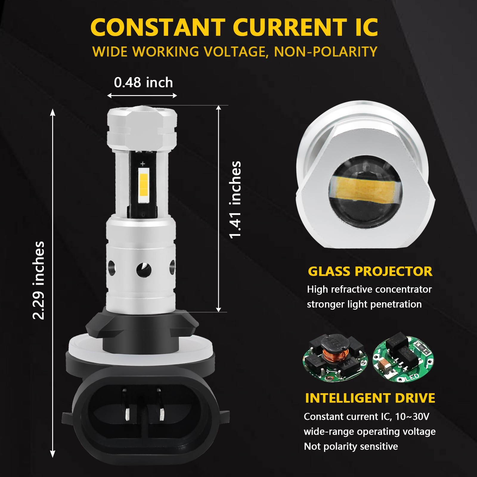 PHINLION 881 LED Fog Light Bulbs 3800 Lumens 3000K Amber Yellow, Pack of 2, Non-Polarity, Aluminum