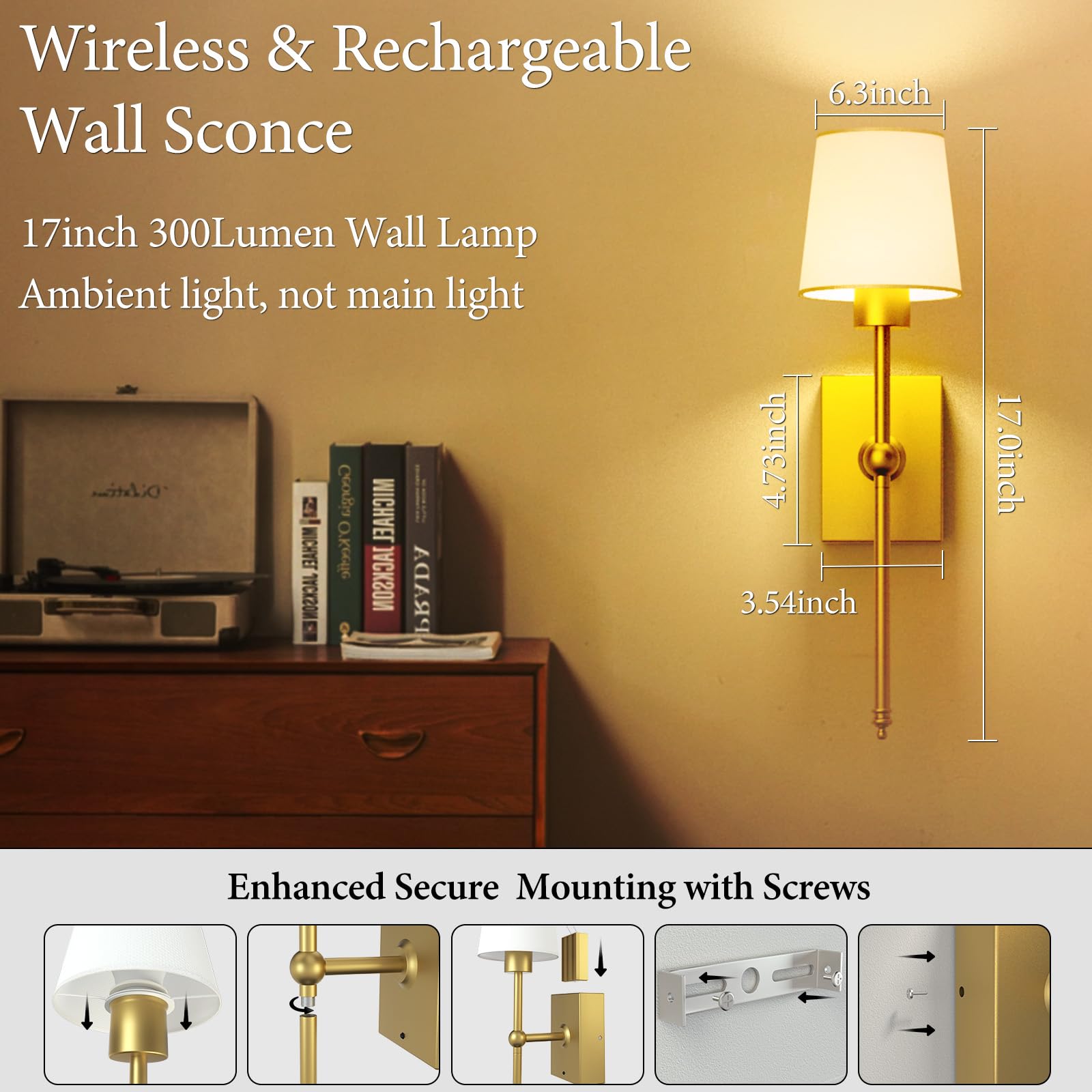 iThird Battery Operated Wall Sconces Set of 2, Gold Metal & Fabric, Touch Control, 17 Inch, Wireless Cordless Wall Lamps
