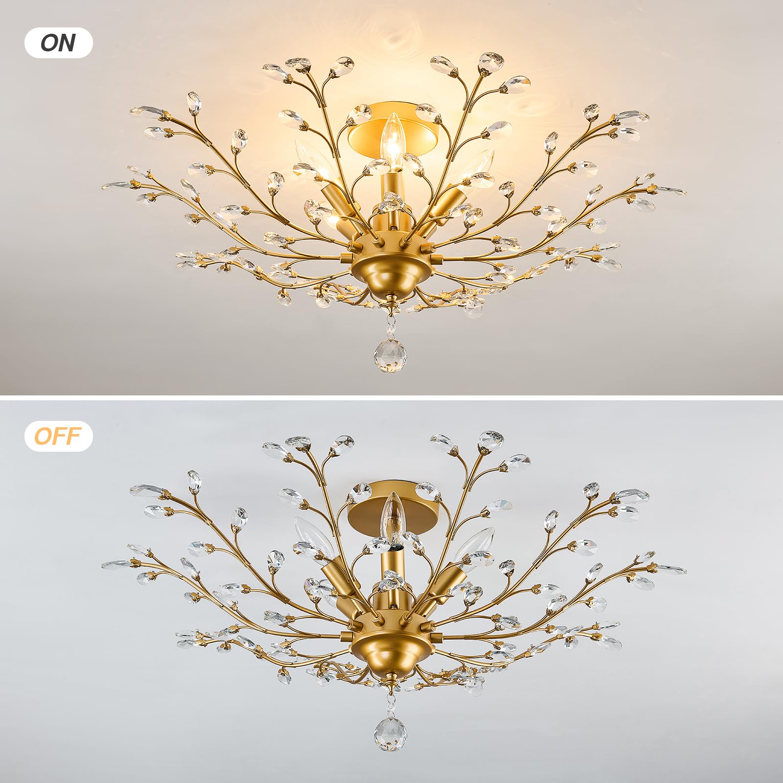 CVKASH 5-Light Vintage Crystal Chandelier, Brushed Gold Ceiling Light for Kitchen, Dining, Living Room, Bedroom, Model W-1366