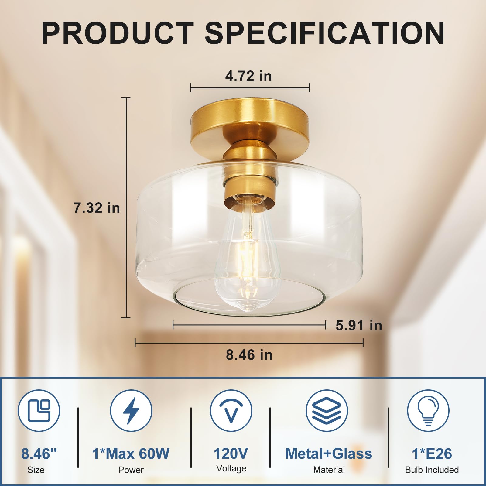 Industrial Semi Flush Mount Ceiling Light: Gold Kitchen Lighting Fixtures Ceiling With Clear Glass - Vintage Hallway Light Fixtu