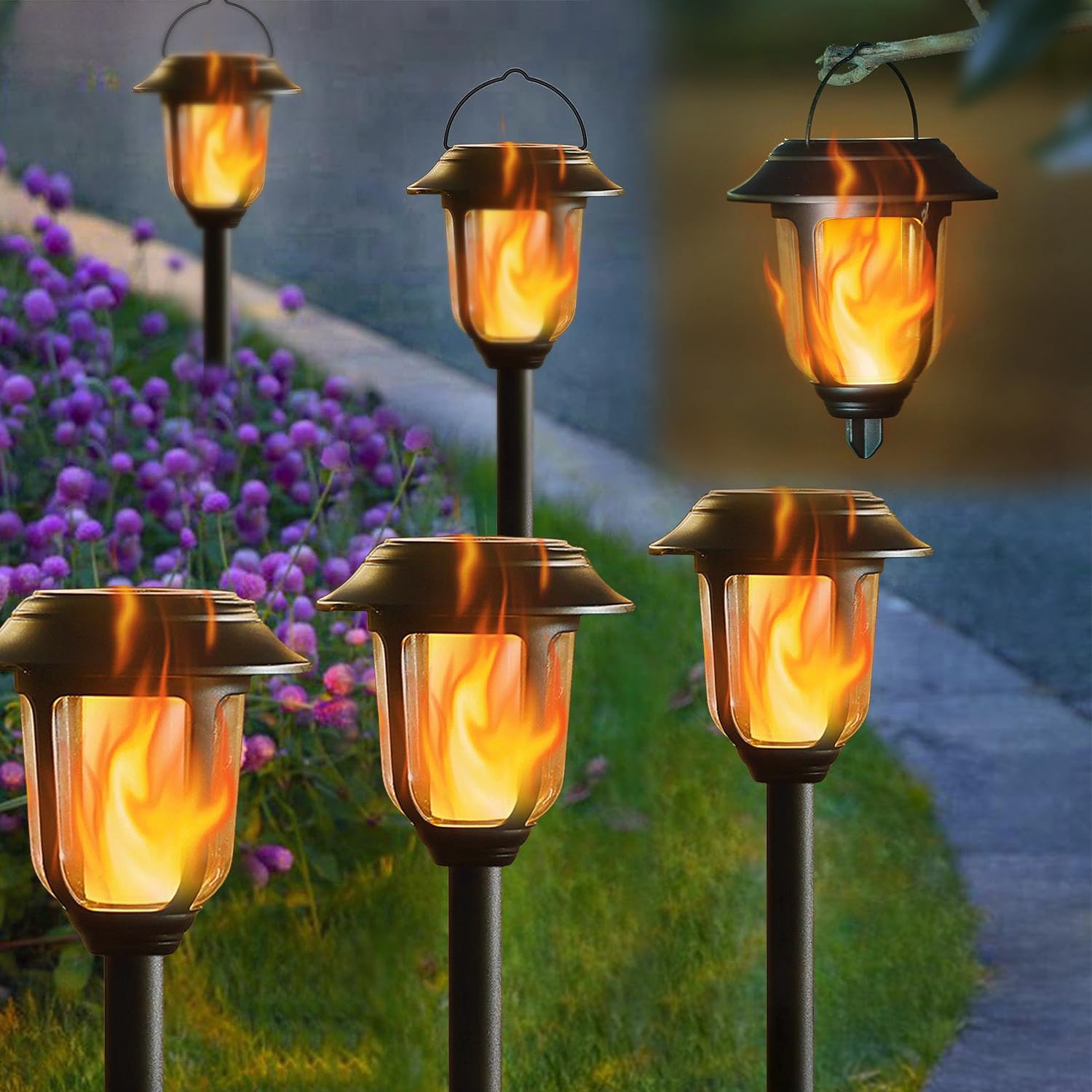 Dynaming Dual Use Solar Flame Lights Outdoor 6 Pack, Solar Flickering Flame Pathway Lights, Hanging Lantern Lights, Auto On/Off & Waterproof For Garden Lawn Patio Yard Walkway Deck Driveway