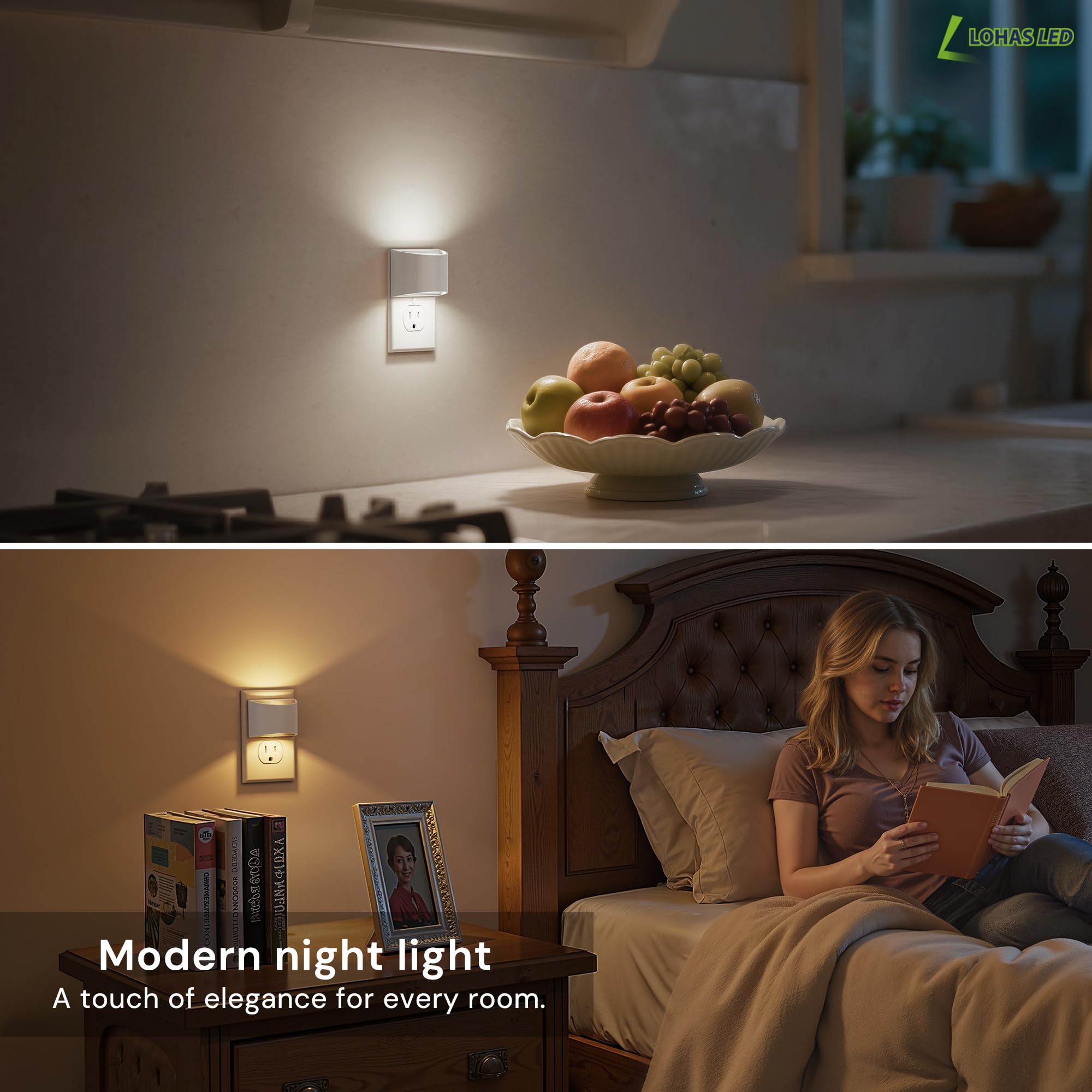 L LOHAS LED Night Lights, Adjustable 3CCT (1600K/3000K/5000K), 1W, Dusk to Dawn Sensor, 2 Pack, White Housing