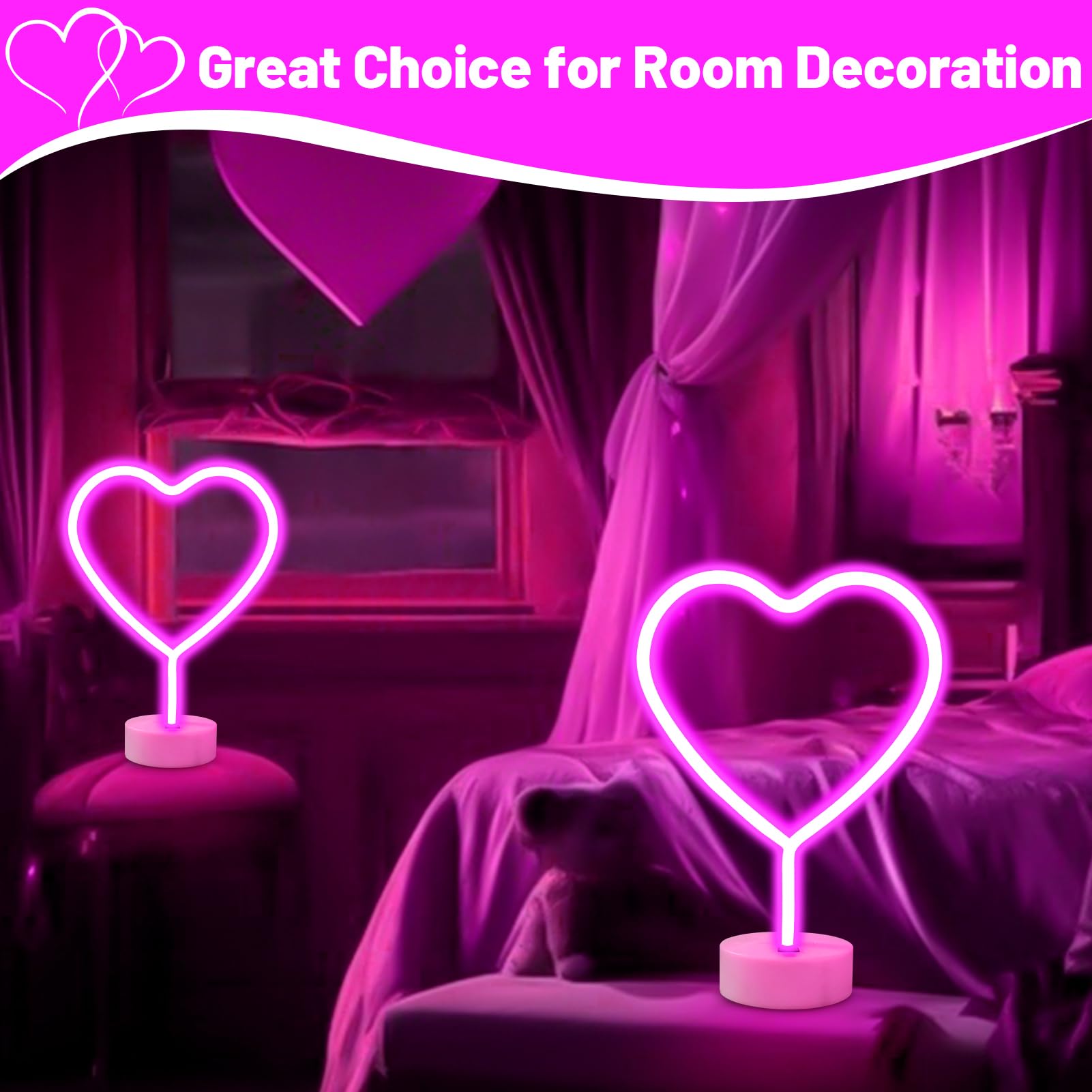 Brightdeck 2 Pack Heart Neon Signs  Led Lights Battery Operated Or Usb Powered Decoration Lamp  Neon Lights Decor For ValentineS Day Gifts  Wedding  Party  Pink Room Decor (Pink Heart)