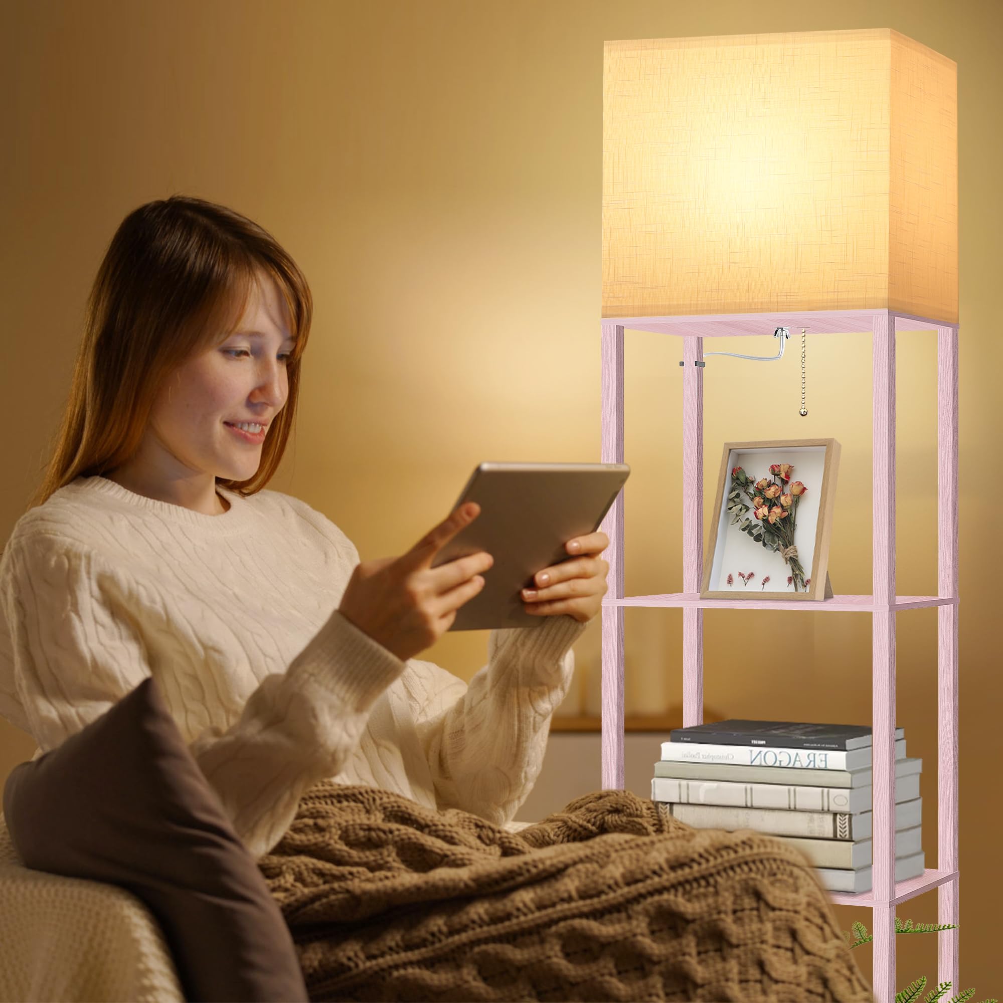 Dott Arts Floor Lamp with Shelves, 15.7in Wide, Wood, Pink, Model WLM1600-FLA-15W-17, Modern LED Display Shelf Lamp for Living Room
