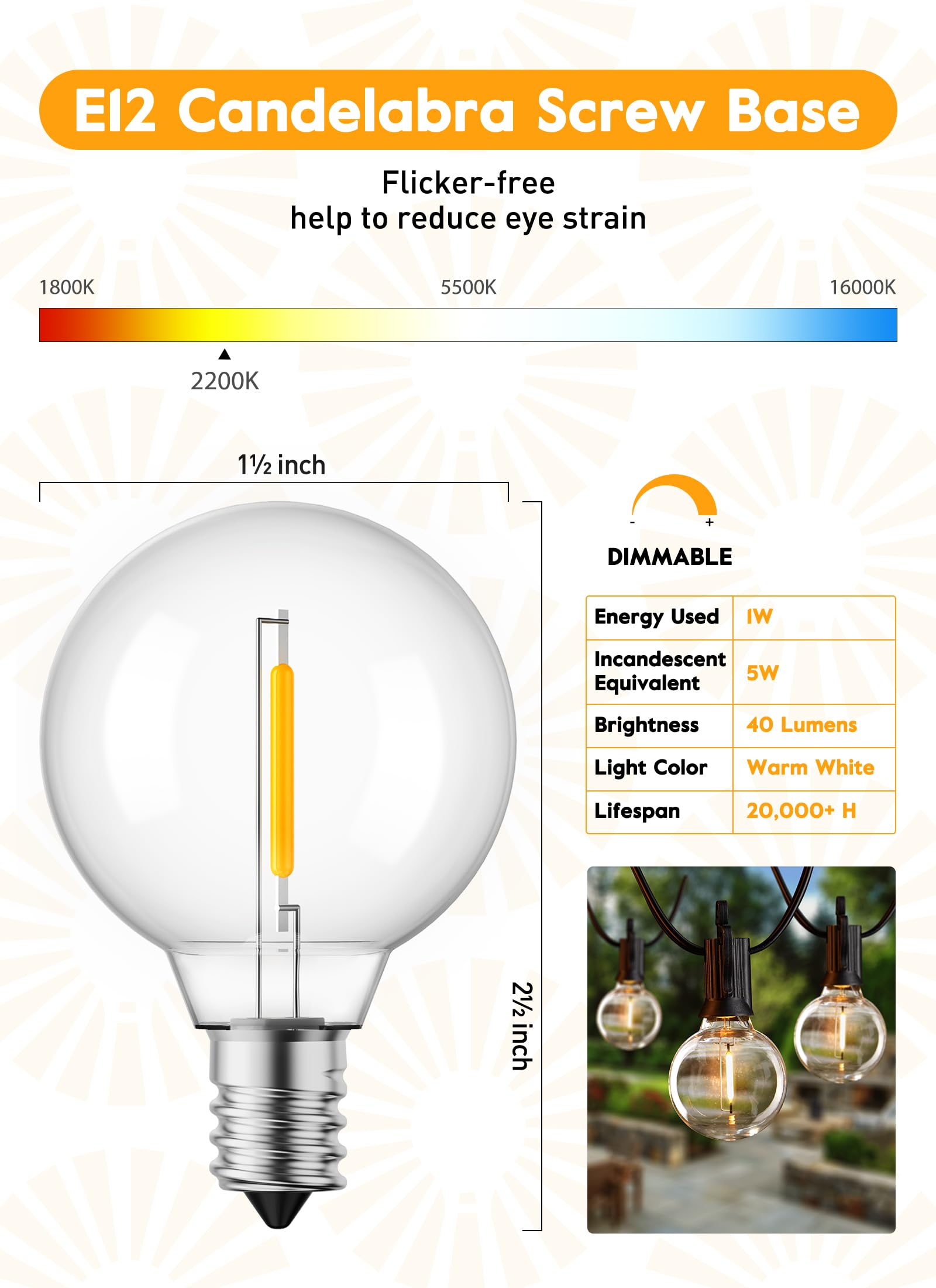 Brightown G40 LED Light Bulbs, 25 Pack, Dimmable Clear Globe, E12 Candelabra Base, 1.5 Inch, Warm White