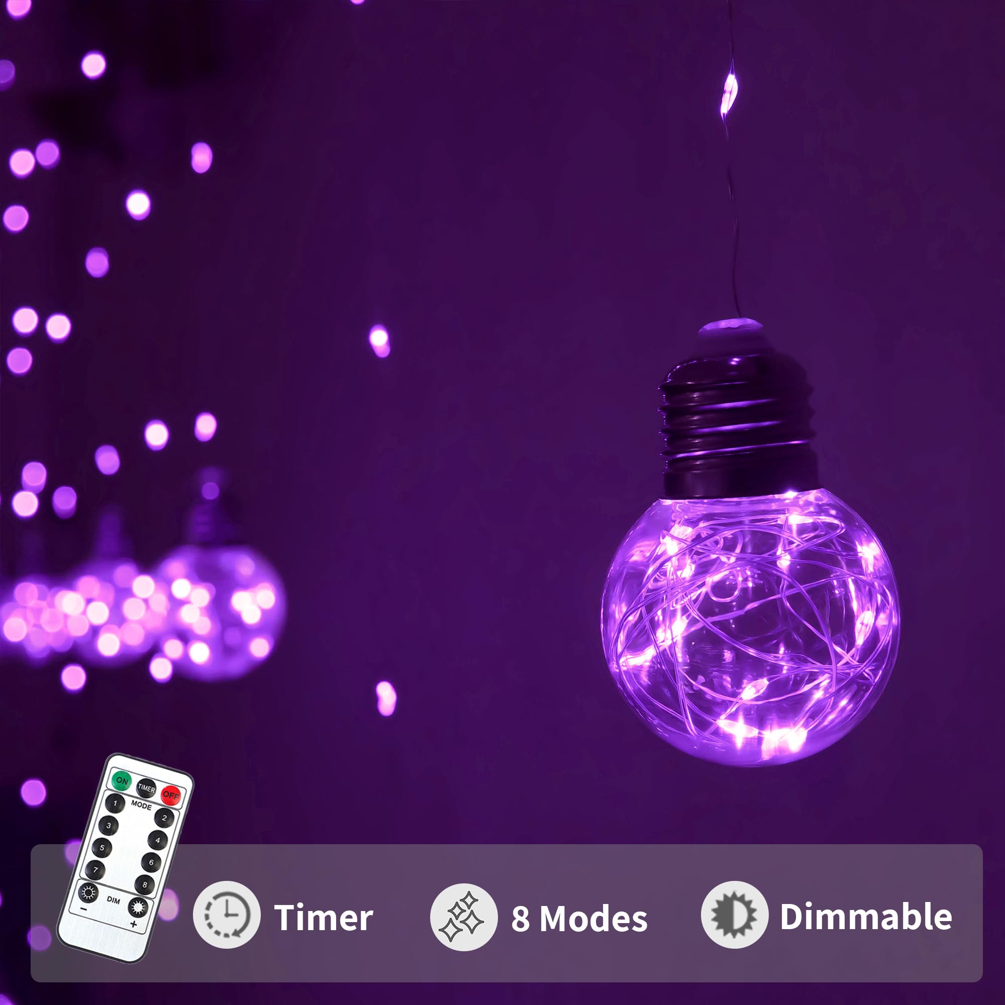 Yolight Wishing Ball Curtain Lights 200 Led Window Curtain String Lights With Remote, Usb Battery Powered Twinkle Globe Fairy Lights For Wedding Party Bedroom Halloween Christmas Decoration (Purple)