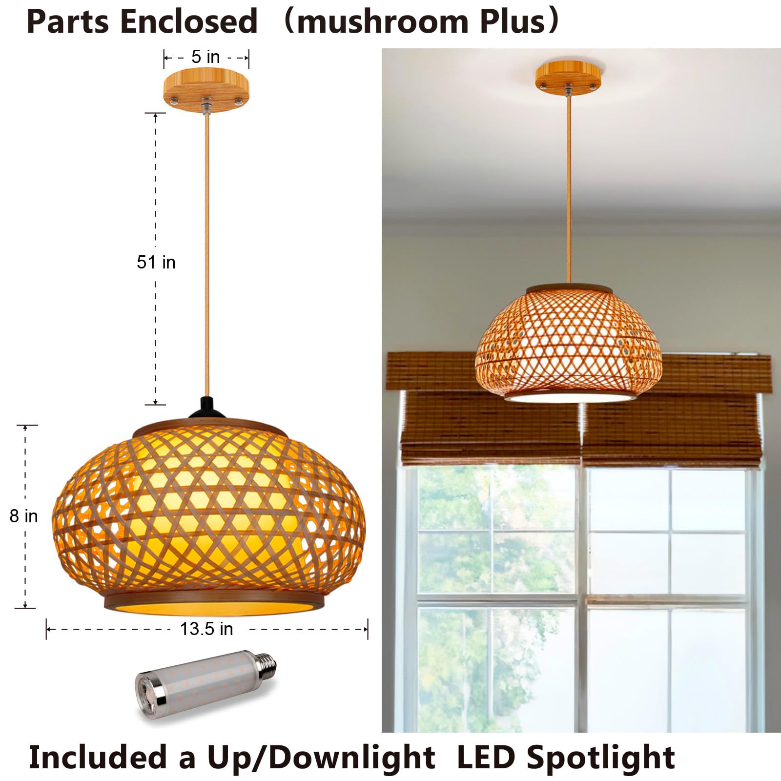 Yiizon Pendant Light Rattan Hanging Lights With Up/Downlight Led Spotlight Bamboo Hanging Lamp, Handmade Woven Boho Wicker Basket Lamp Shade Ceiling Light Fixture For Living Room Bedroom Kitchen