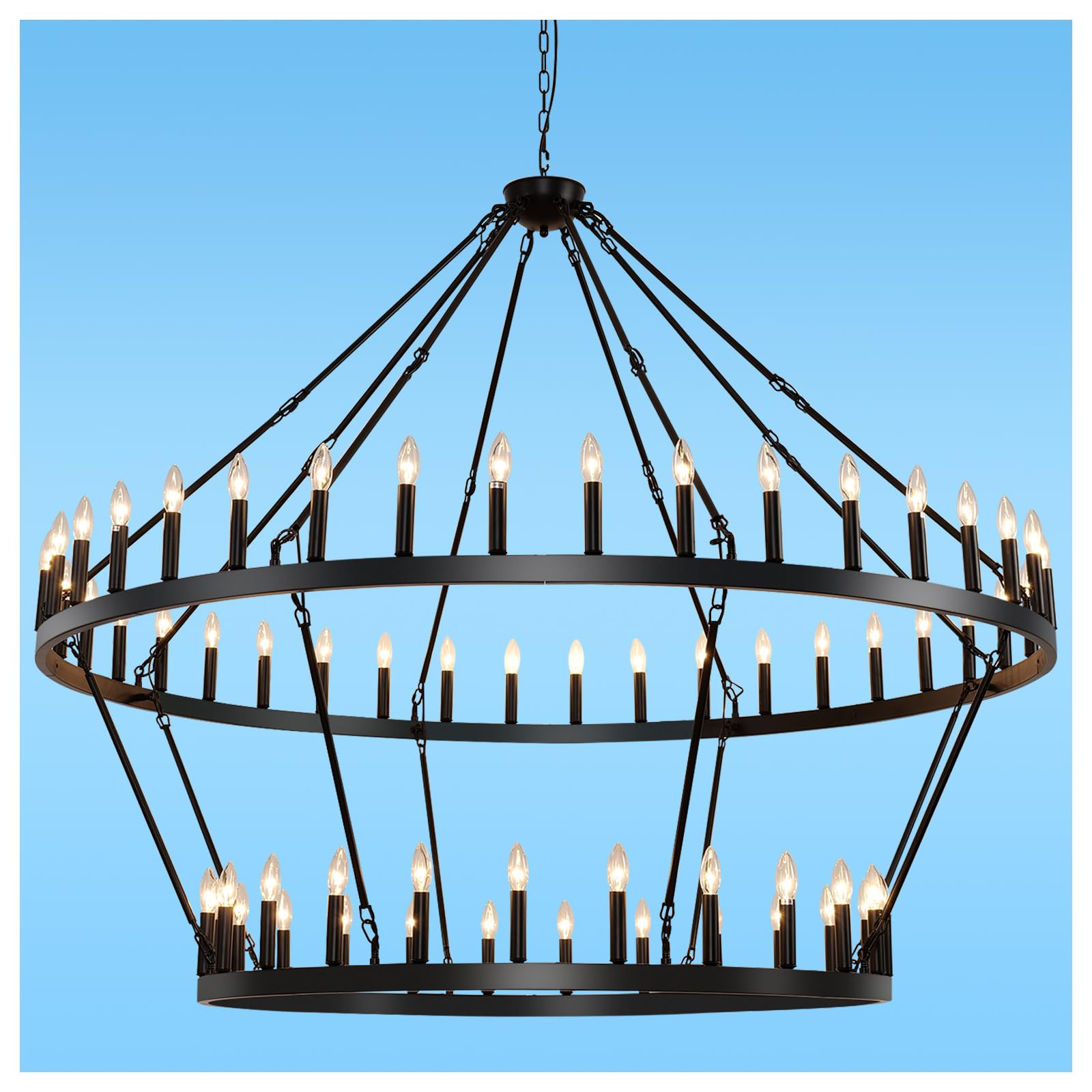 Yikrfiae 2 Tier Black Large Wagon Wheel Chandelier  64-Lights 70 Inch Farmhouse Pendant Light Fixture  Round Rustic Hanging Lighting for Dining Room Kitchen Island Foyer Entryway