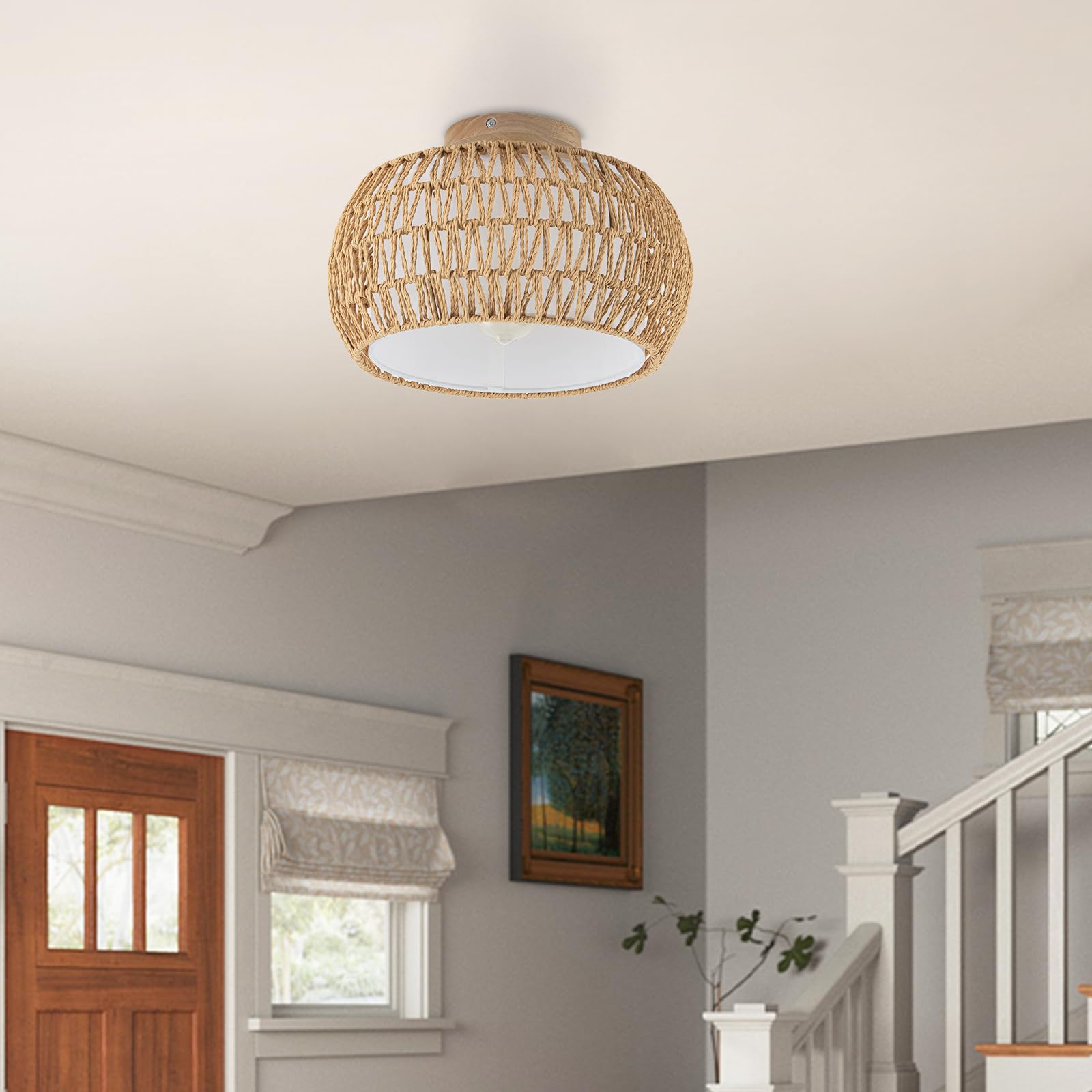 Dsliting Rattan Chandelier Boho Ceiling Light Fixtures Drum Flush Mount Ceiling Light Small Woven Chandelier For Kitchen Bedroom