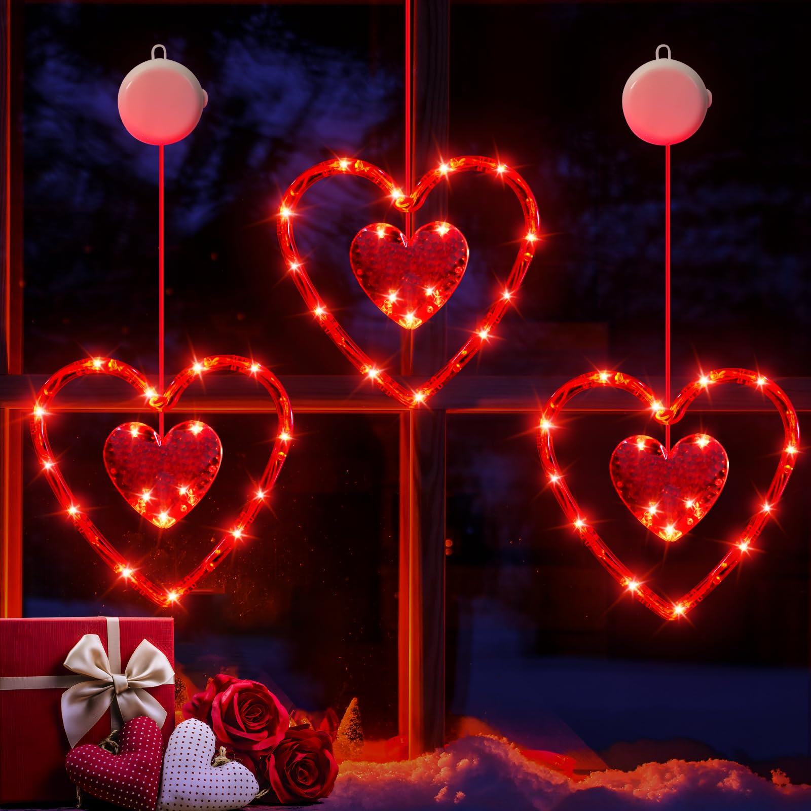 LYUBASA LED Heart Shaped Window Lights - 3 Pack, Battery Powered, Red, Model V113, with Timer for Indoor Home Decor