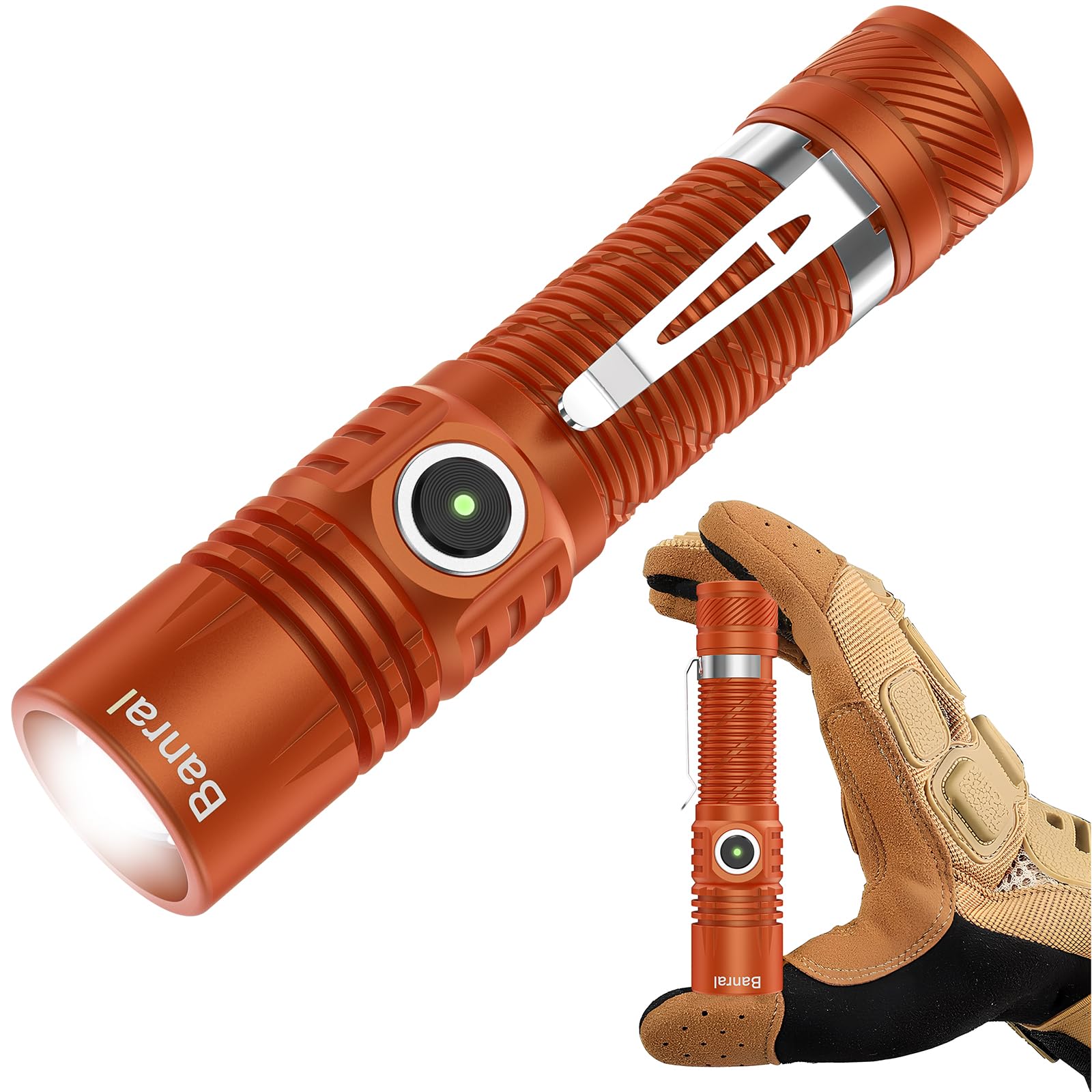 Banral Rechargeable Tactical Flashlight, High Lumens, 4 Modes, USB-C, Waterproof, Compact EDC, Model K518, Orange