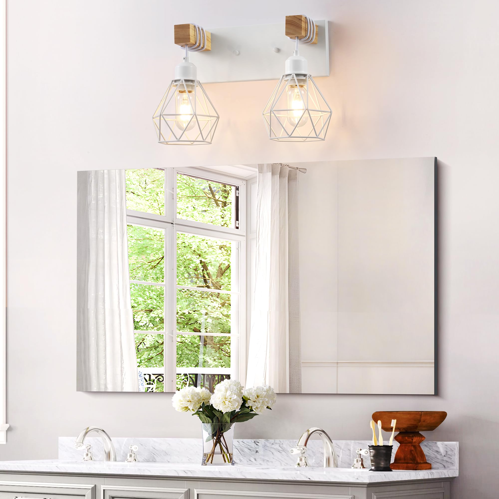 White Bathroom Vanity Light Fixtures  2-Light Wood Bathroom Light Fixtures Over Mirror  Rustic Sconces Wall Lighting With Elegant Metal Lampshade For Living Room  Bedroom  Hallway