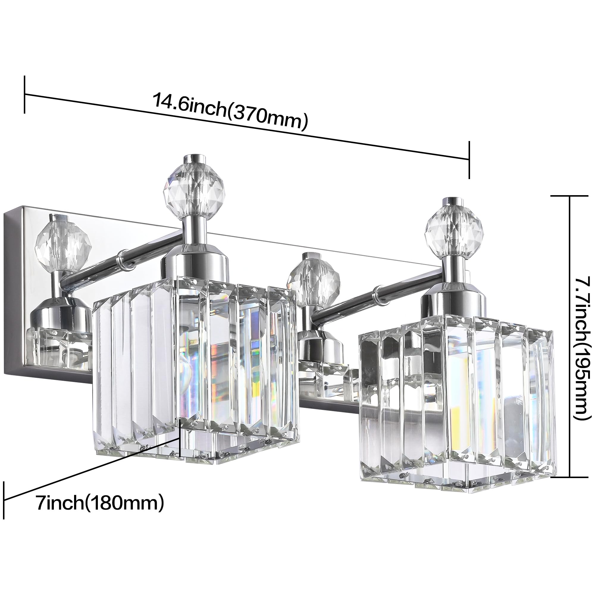 PRESDE Chrome Crystal Bathroom Vanity Light Fixture - 2-Lights, Stainless Steel, Modern Design