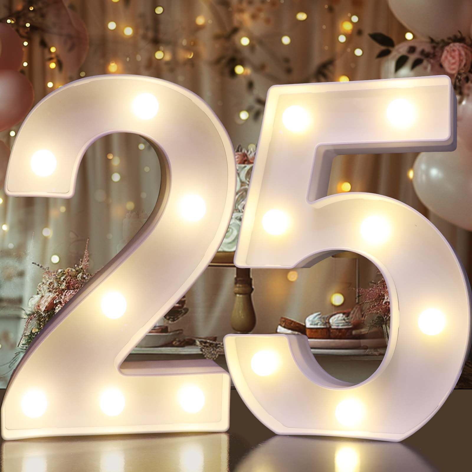 Pooqla Decorative Led Light Up Number Letters, White Plastic Marquee Number Lights Sign for 25th Birthday Party Wedding Decor Battery Operated Number (25)