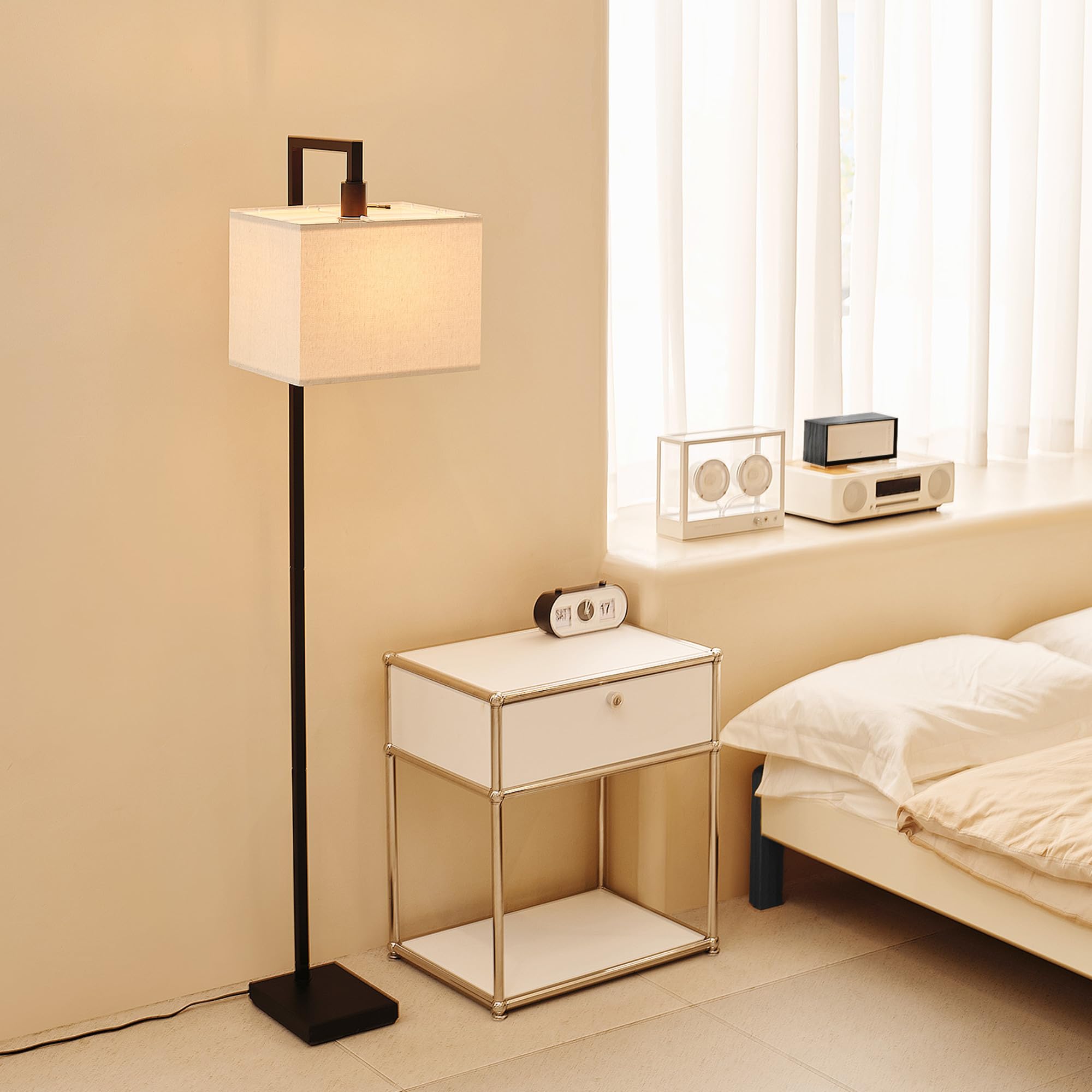 GLOBE 60" Floor Lamp, Matte Black Metal with Square White Fabric Shade, Model 61000052