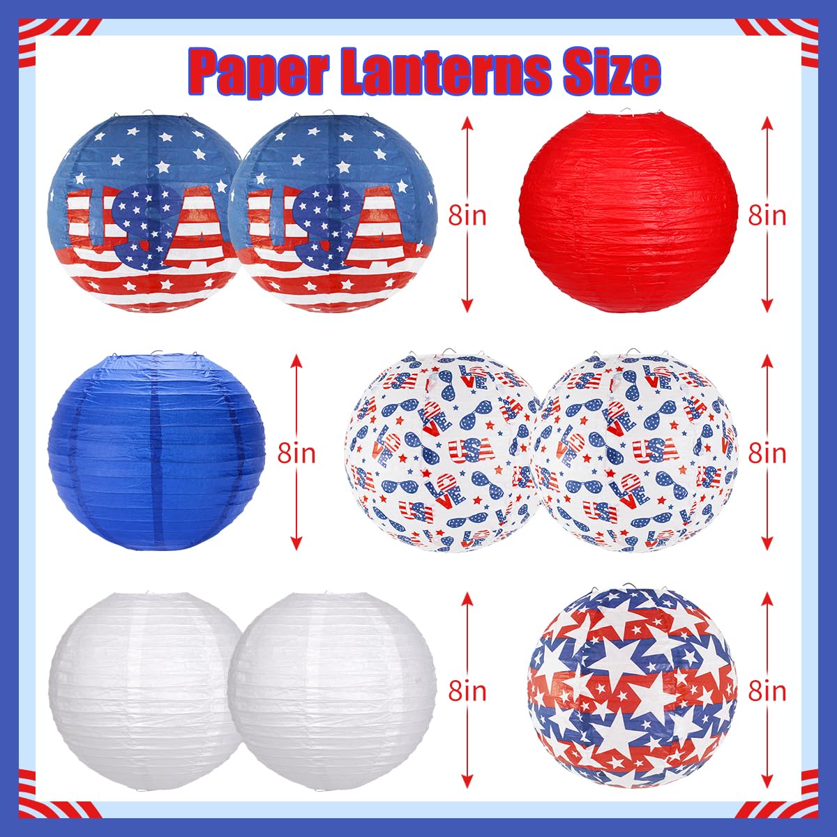 YUNXUAN 4th of July Paper Lanterns - Pack of 10 Red, White & Blue Hanging Decorations for Independence Day & Memorial Day Parties