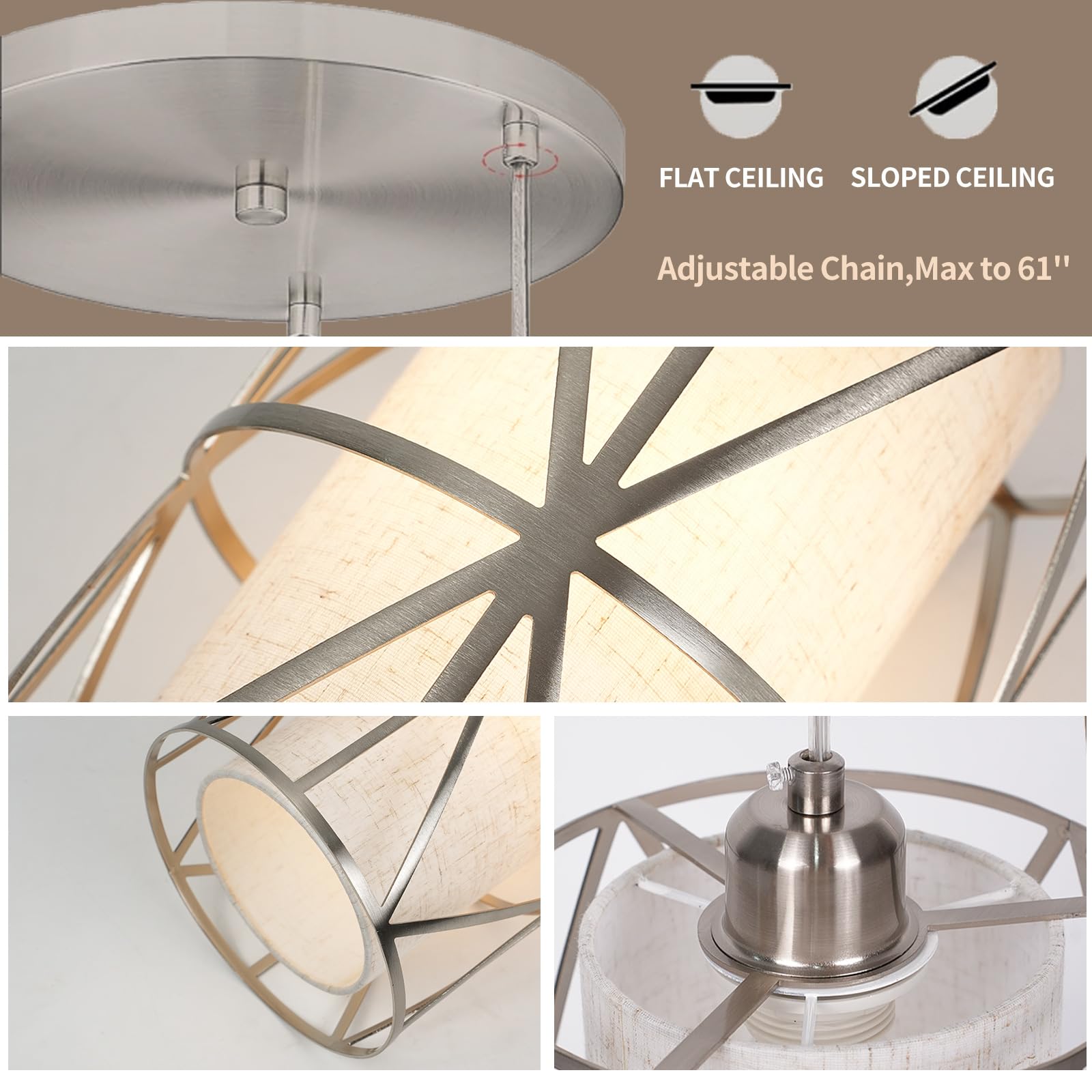 Zlierop 3-Light Chandelier, Adjustable Height Pendant Light, Metal + Linen, Linen/Nickel