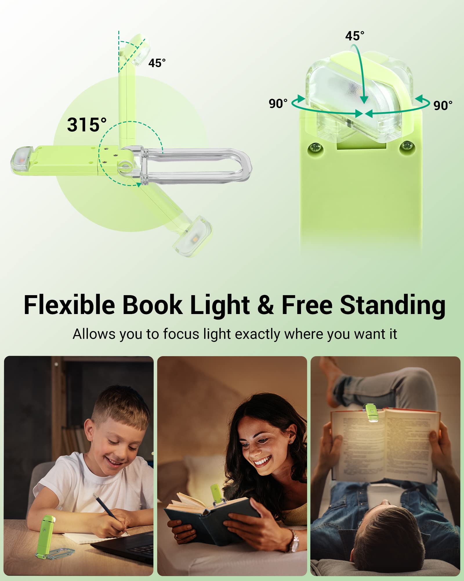 DEWENWILS USB Rechargeable Book Light, Adjustable Brightness, LED, Green, Model HBRL01G