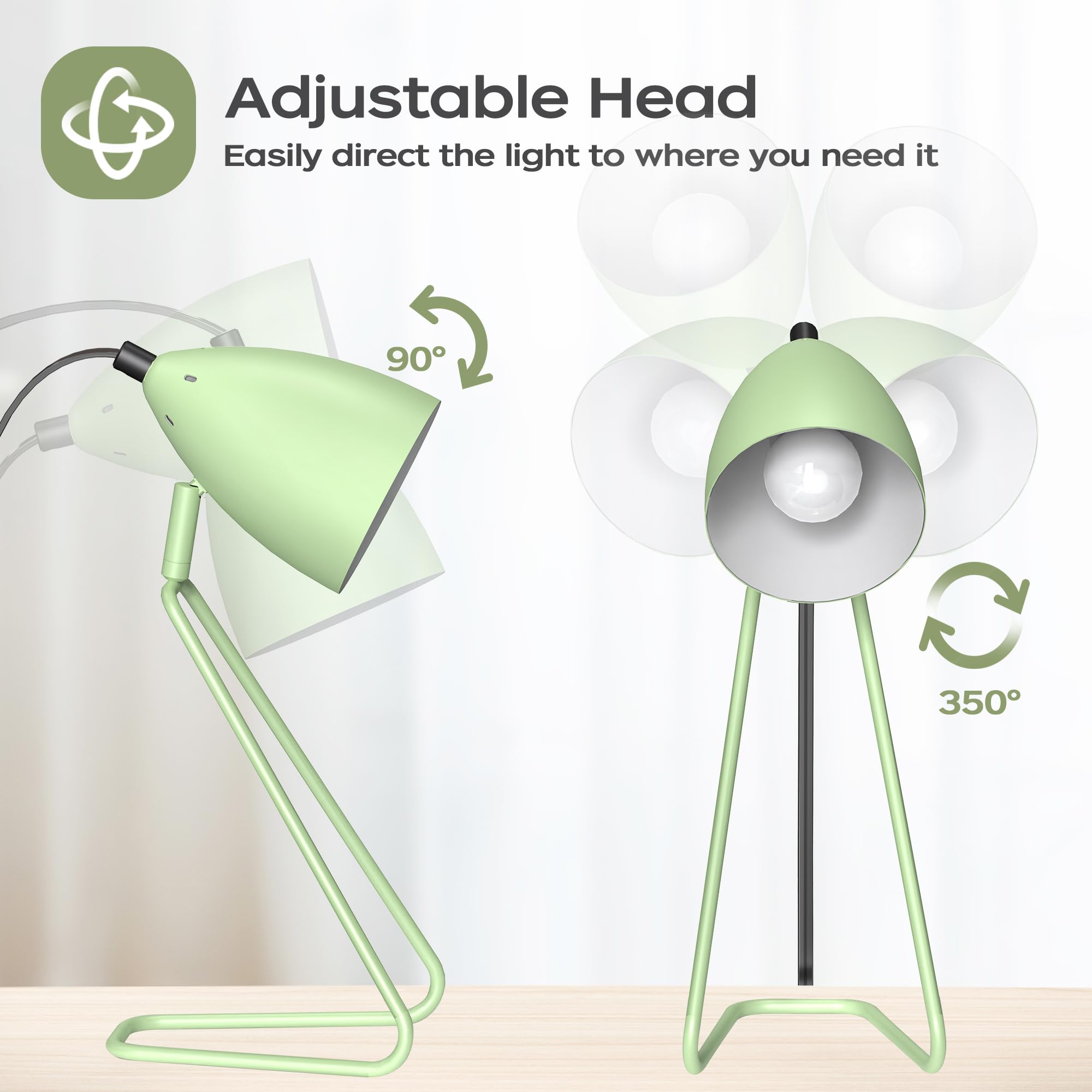 Partphoner Table Lamp Set Of 2, 350Rotatable Small Desk Lamp, Modern Green Reading Bedside Lamps, Suitable For Study, Bedroom, O