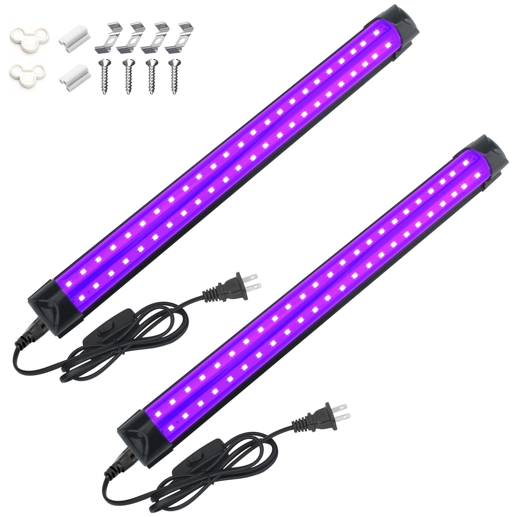 BOSITE 10W UV Black Light Bars - 2 Pack, 1Ft, Aluminum, Linkable with Cord & Switch, 395-400nm, Ideal for Parties & Posters