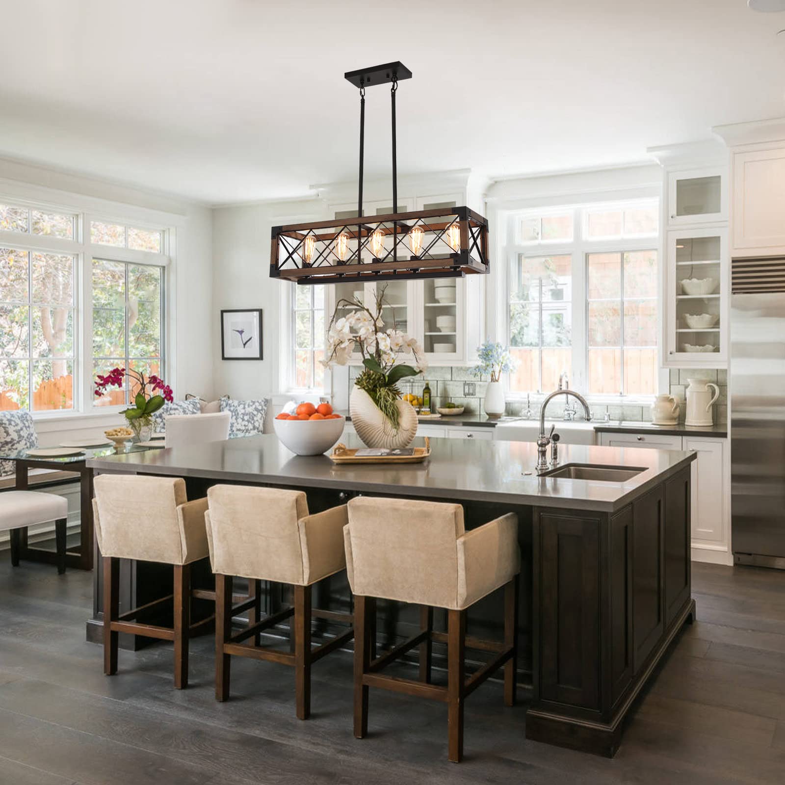 Lingkai 5-Light Kitchen Island Chandelier, Rustic Wood Grain Finish, 32 Inch Linear Pendant Light, Model LKCH21007WD-5