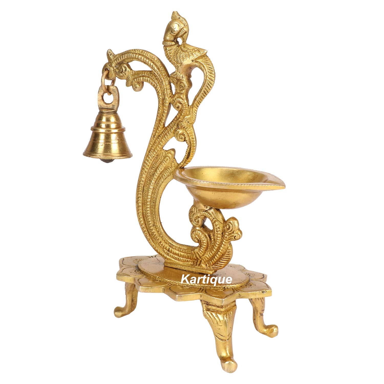 Kartique Brass Peacock-Theme Bell Diya (Gold_3 Inch X 5 Inch X 8 Inch)