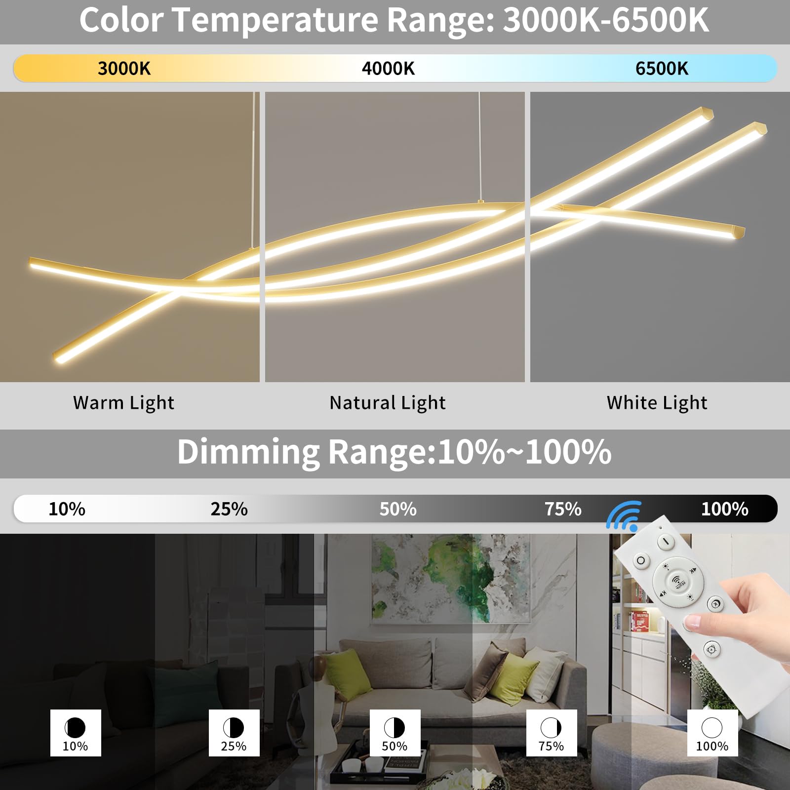 Modern Ceiling Chandelier Light, 39In Gold Pendant Light Fixtures With Remote Control 3000K-6500K Adjustable Color Temperature, Aluminum Island Lighting Lamp For Dining Room, Living Room, Island