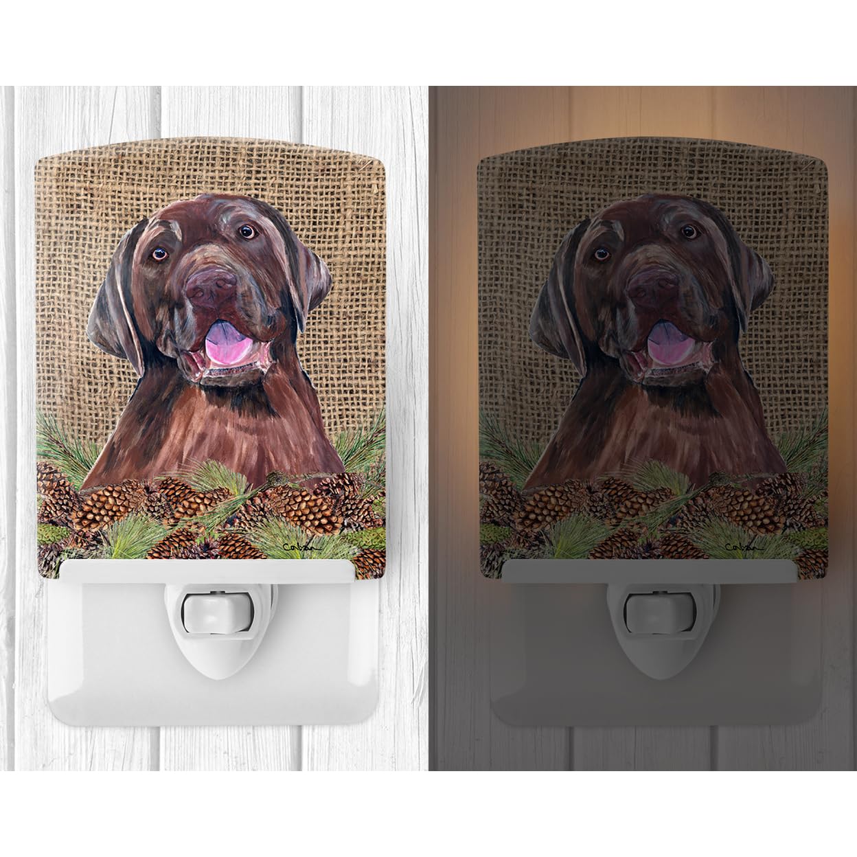 Carolines Treasures Ceramic Night Light, UL-Certified, 6x4x3in, Labrador, Model SC9039CNL, Faux Burlap and Pine Cones Design