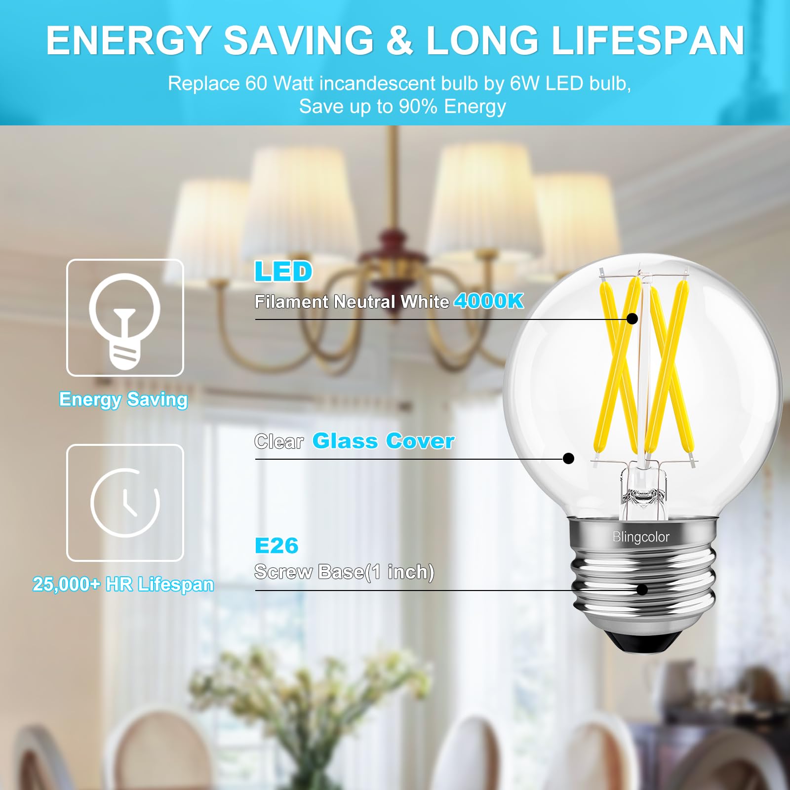 6 Pack G16.5 Led Bulbs 60W, 6W Dimmable G16.5 Globe E26 Led Light Bulb, E26 Led Bulbs 60 Watt Equivalent, Neutral White 4000K Sm