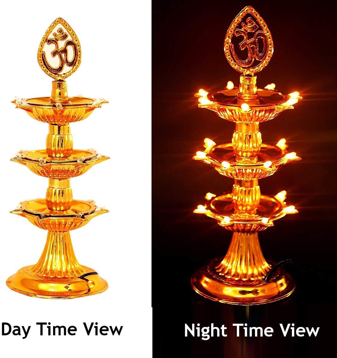 Indian Electrical Plastic Double Layer LED Golden OM Design Electric Diya Decorative Lamp for Temple Decoration (2, 3 Layer (21