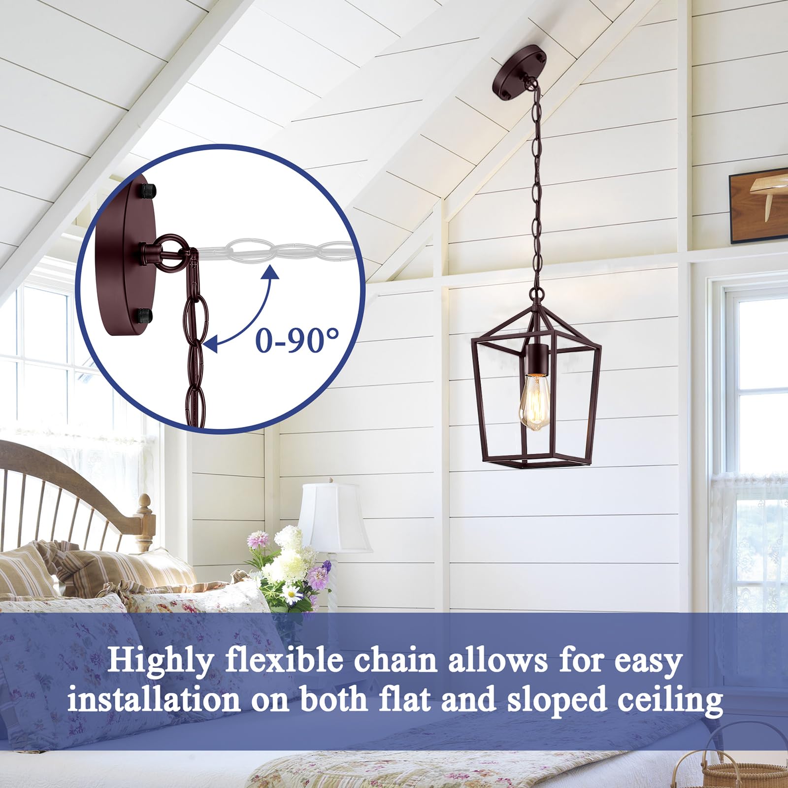 Sheetea 2-Pack Farmhouse Pendant Lights, Modern Kitchen Pendant Lighting With Metal Cage Design, Sloped Ceiling Adaptable, Brown