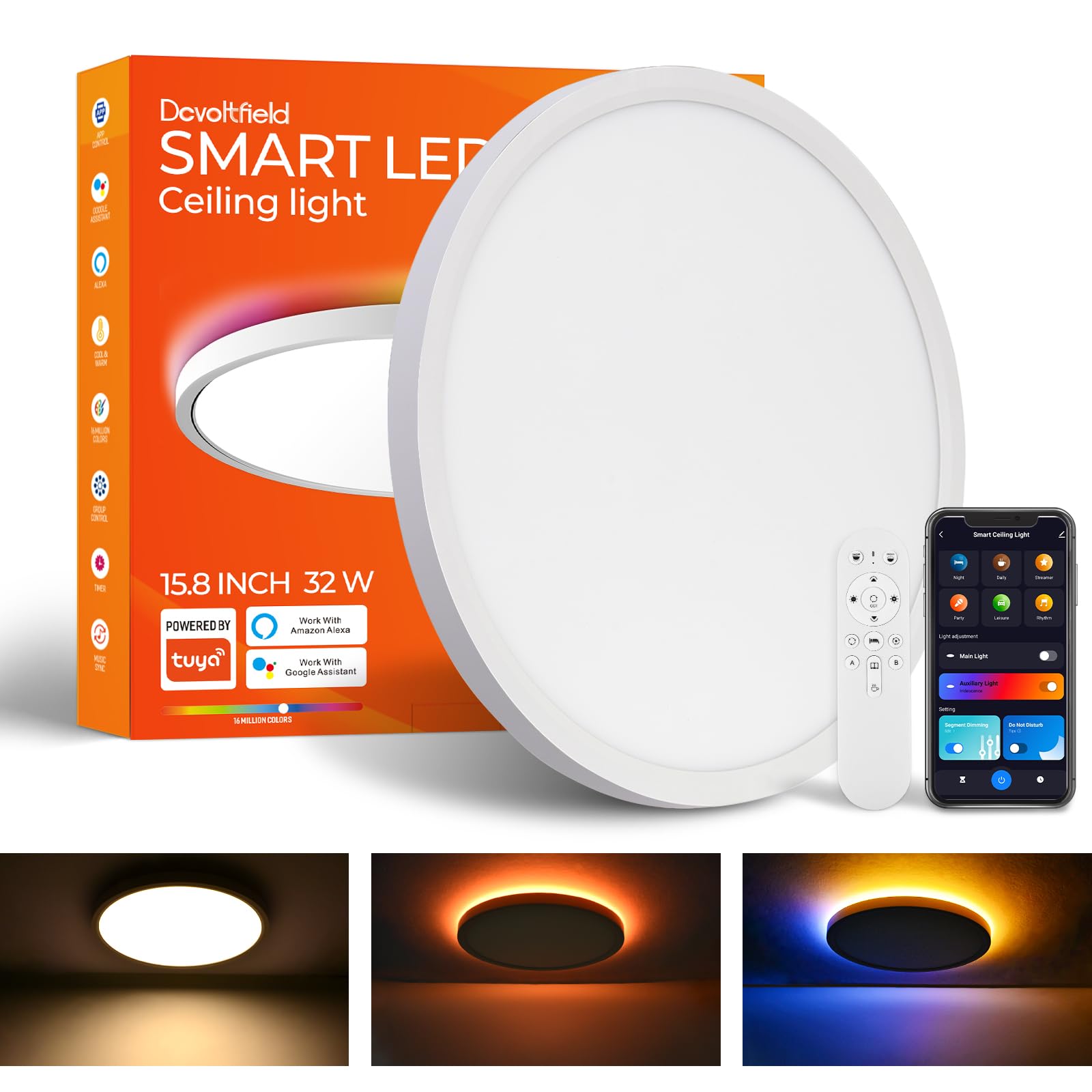 Dcvoltfield Smart LED Ceiling Light Flush Mount, 16 Inch RGB, Dimmable 3000K-6500K, Night Light 2000K, Memory Function, Compatib