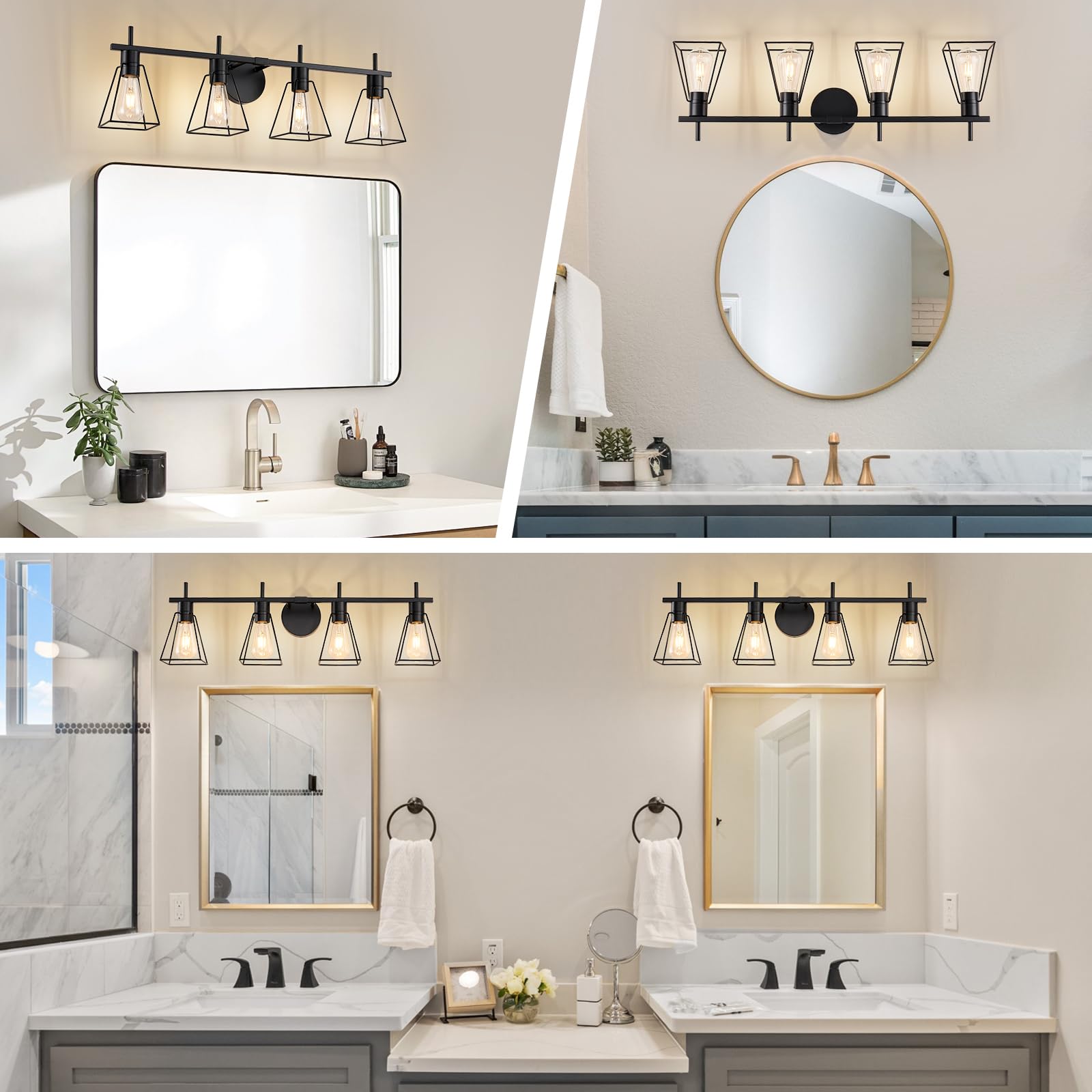 Fonmyim Farmhouse Bathroom Vanity Light Fixtures Over Mirror, Matte Black 4-Light Wall Sconce With Metal Cage, E26 Socket (Bulbs
