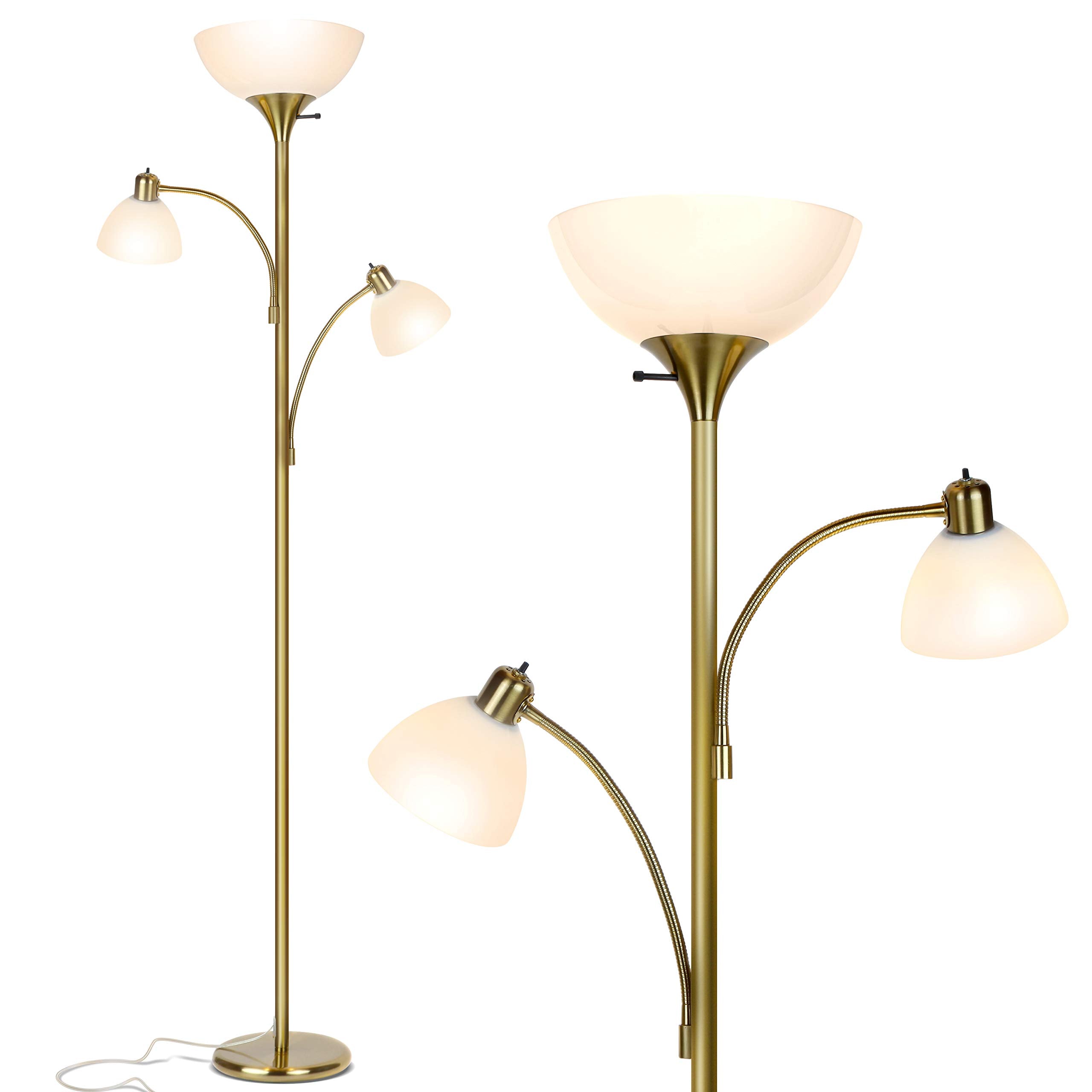 Brightech Sky Dome LED Floor Lamp - Dimmable Torchiere with 2 Reading Lamps, Gold Brass, Model FL-DME2-BRS