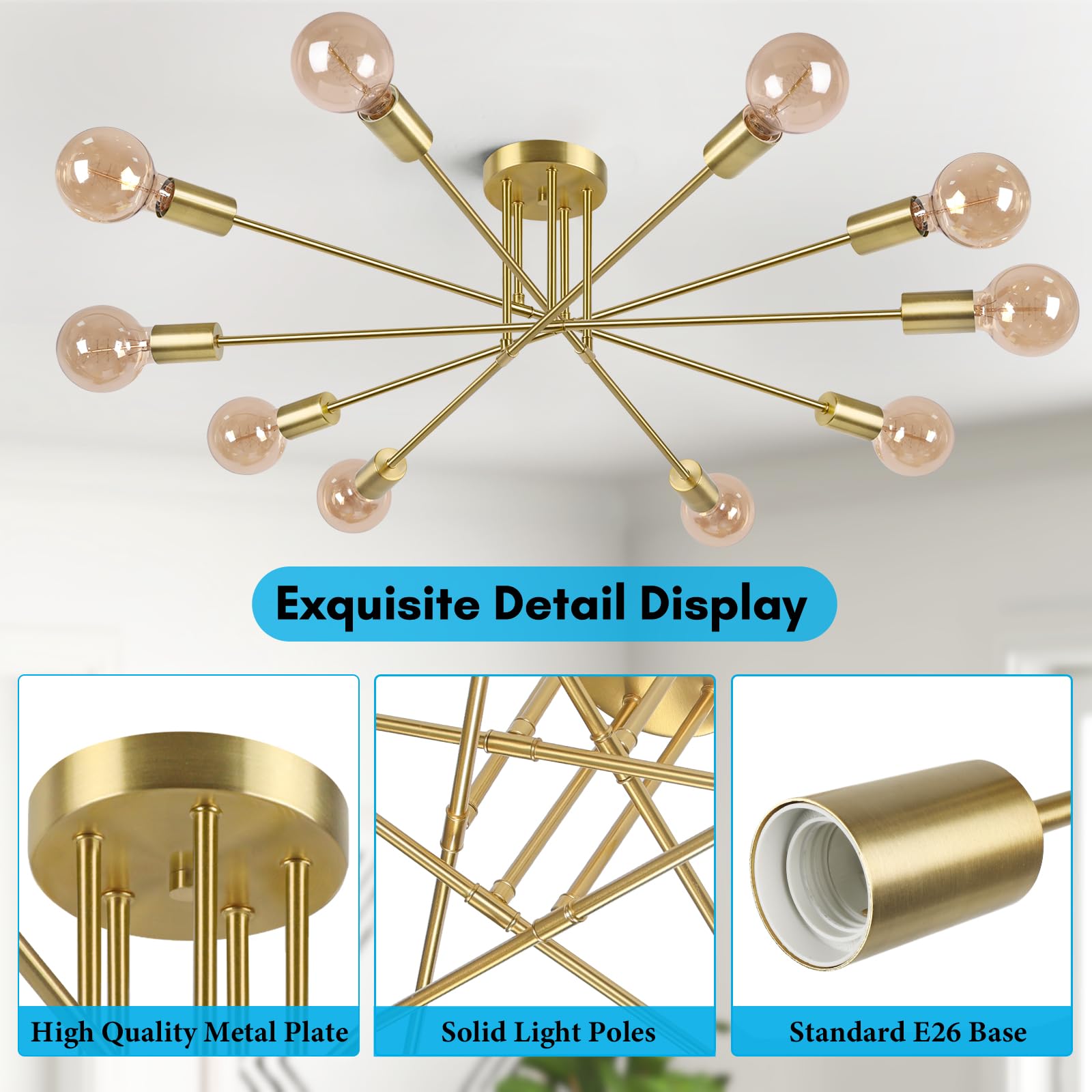 Semi Flush Mount Ceiling Light Fixture, 10-Light Modern Gold Sputnik Chandelier Industrial Ceiling Lamp For Kitchen Dining Room