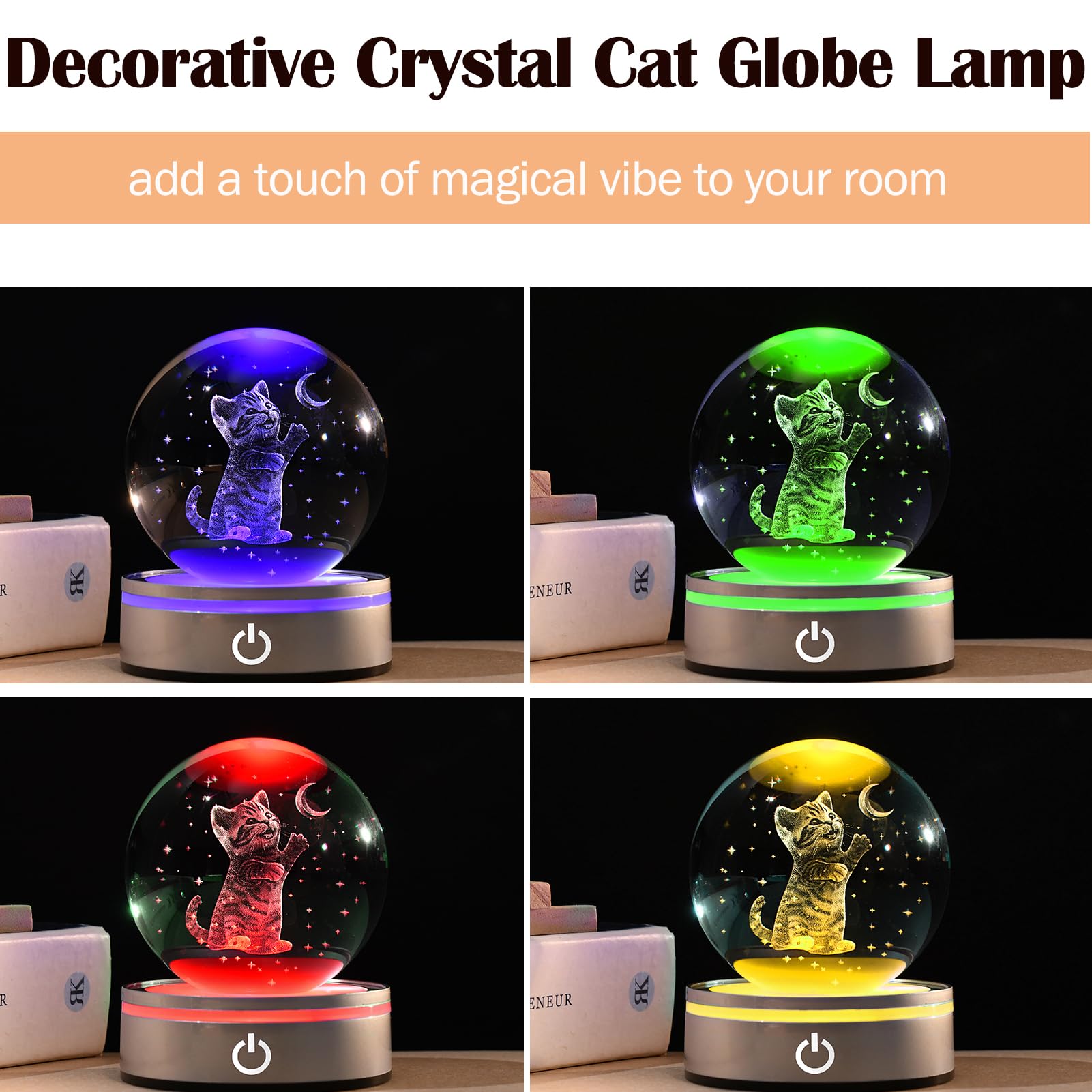 Ifolaina Cat Themed Gifts For Women 3D Crystal Ball Night Light 3.15In Globe Figurine Lamp Cat Lovers Presents For Birthday Mothers Day