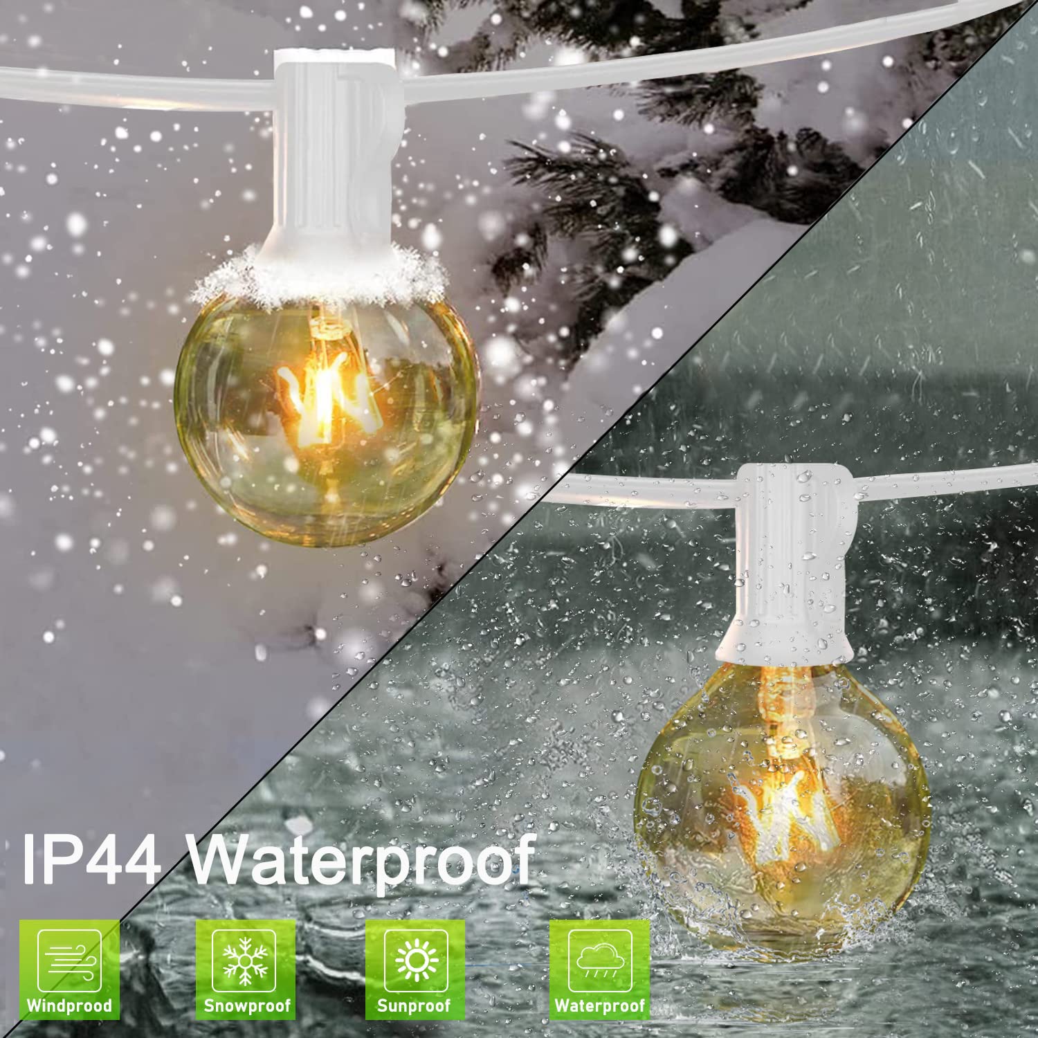 Abeja 50FT G40 Outdoor String Lights, 25 Clear Bulbs, E12 Base, UL Listed, White Wire