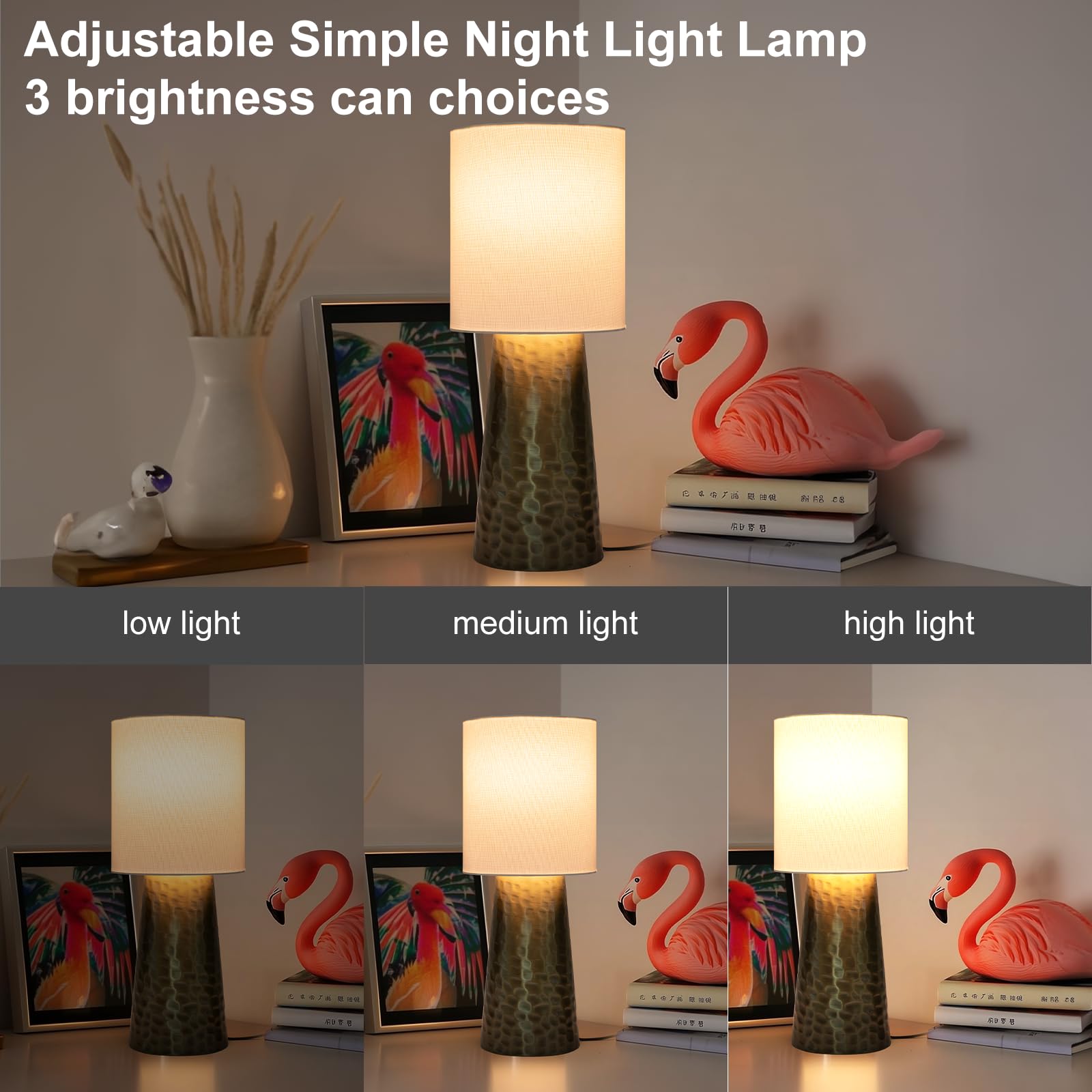 Qingjiamen Touch Control Table Lamp, 13in Small Mid Century Modern, Bronze Cylinder, Metal, Linen Shade, Model AT4101