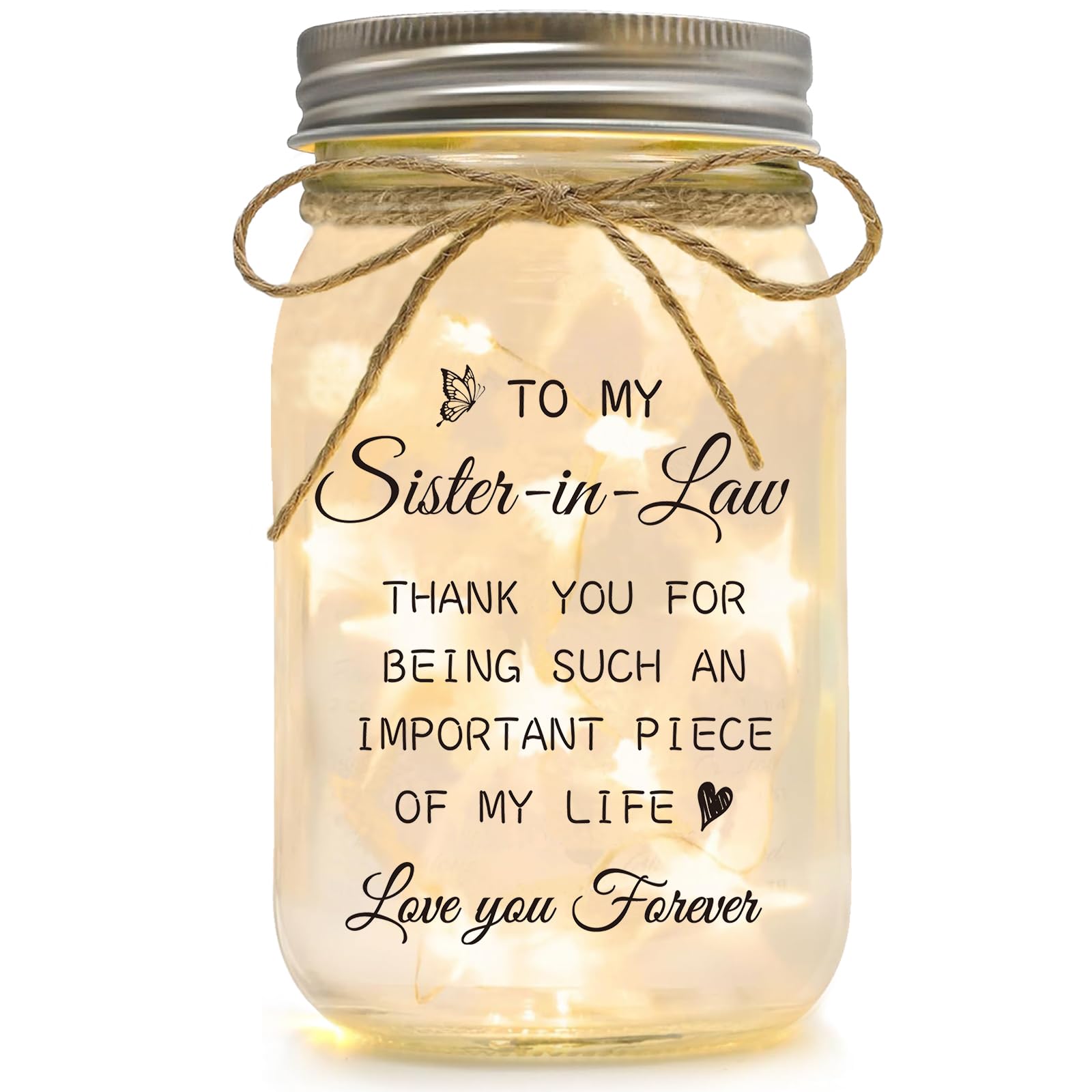 Luckyyds Sister in Law Gifts, Mason Jar Night Lights - Gifts for Sister in Law Birthday Christmas Mothers Day Wedding Thanksgiv
