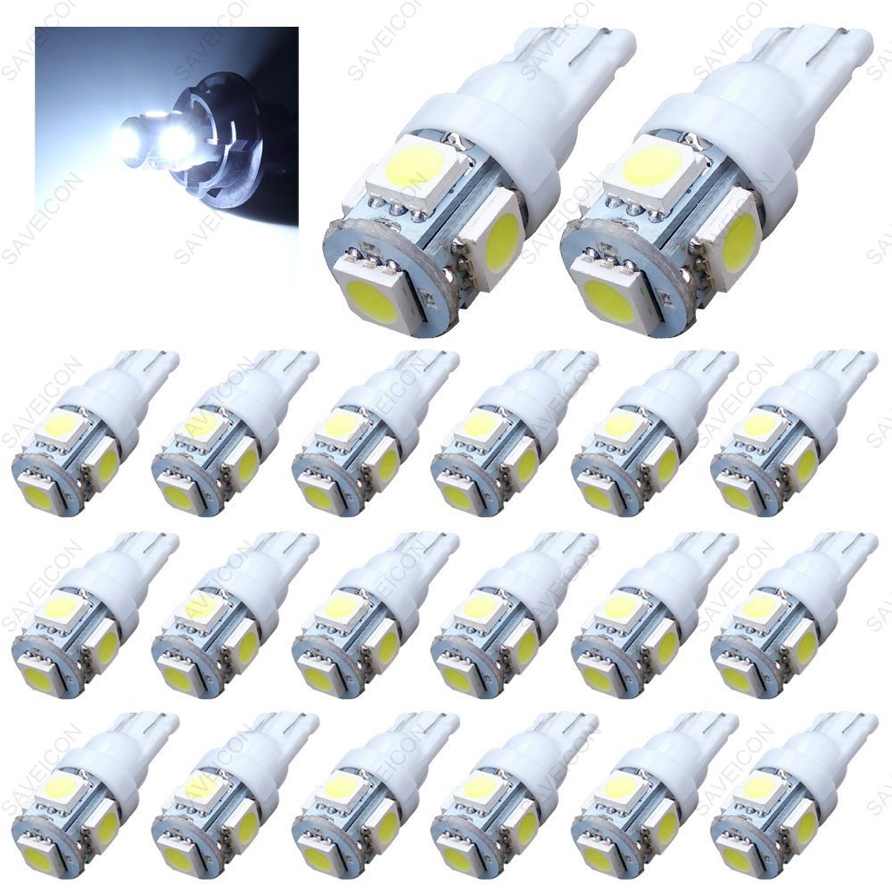 SAWE T10 W5W 5050 5-SMD LED Bulbs Pack of 20 for License Plate Dome Map Lights - White