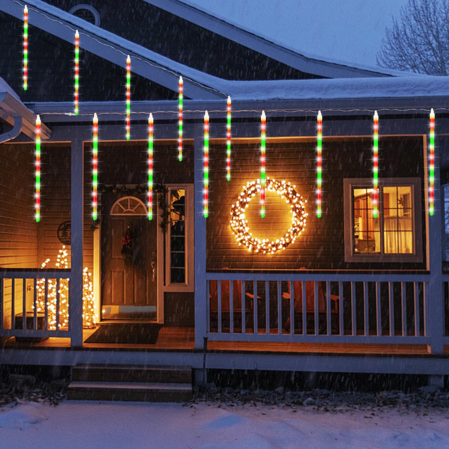 LJLNION Meteor Outdoor Icicle Lights, 288 LED, 12 Inch, Red & Green, Snow Falling, Connectable, Model 288L