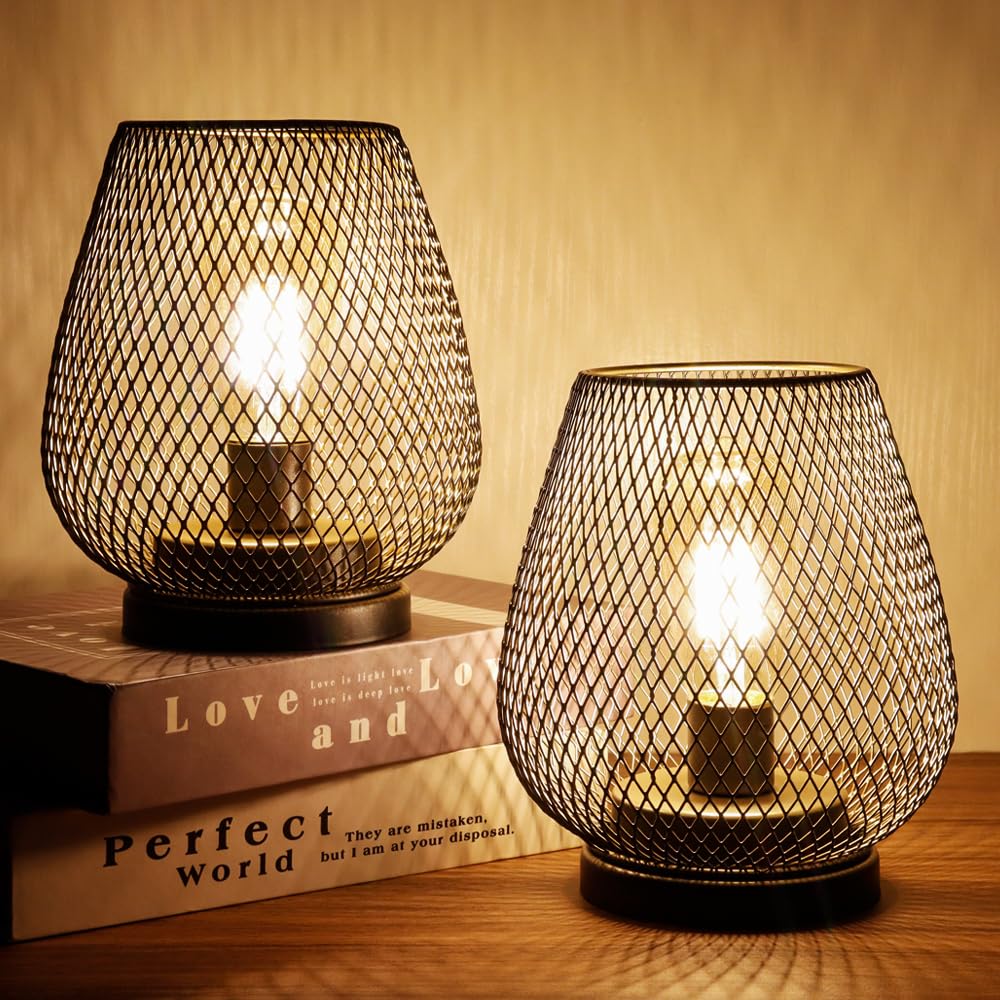 TRIROCKS Set of 2 Outdoor Lanterns, 6.5in  High, Metal, Cordless Battery Operated, LED Edison Bulb, Brown, Model TRC30602