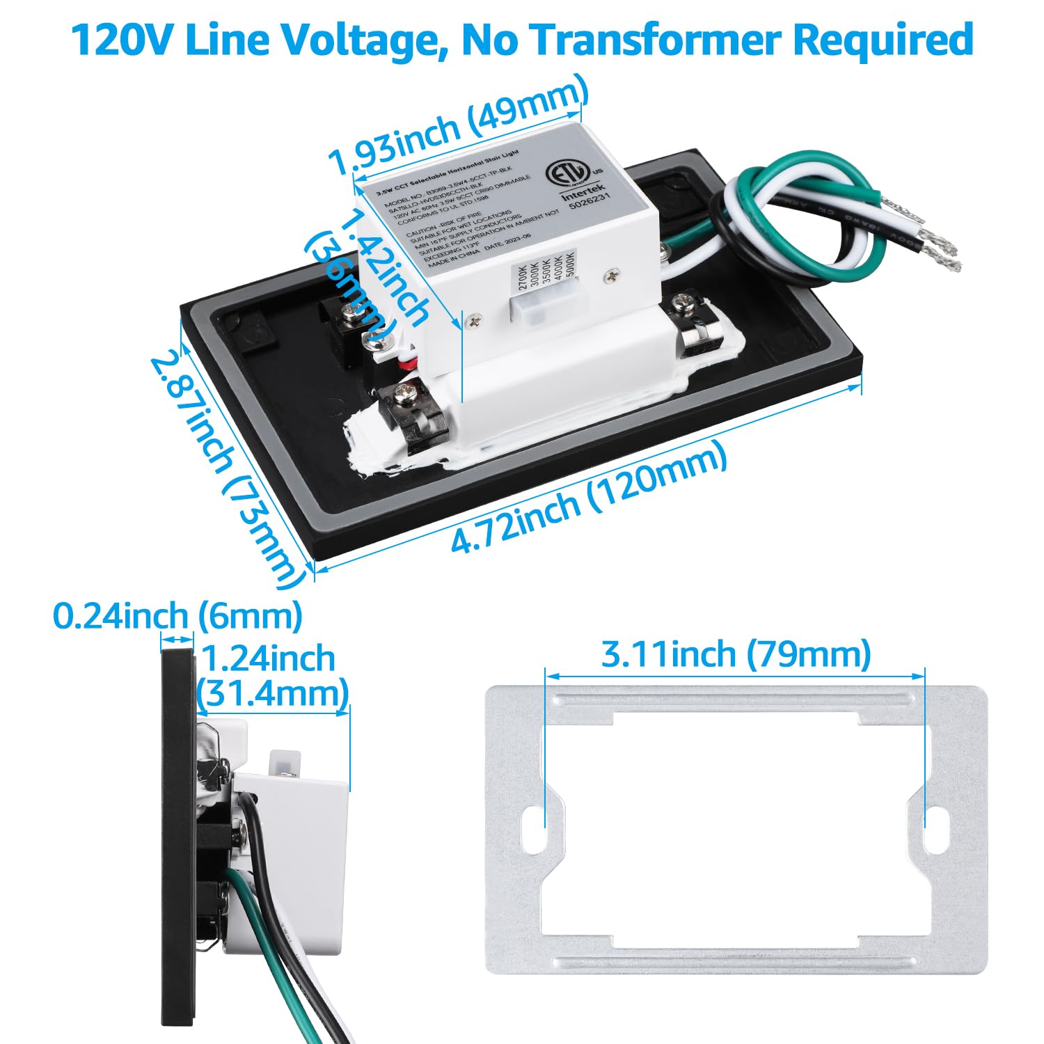 Leonlite Black 5Cct 120V Led Step Lights, 3.5W 150Lm 5%-100% Dimmable Horizontal Stair Lights Indoor Outdoor Wet Location, Cri90