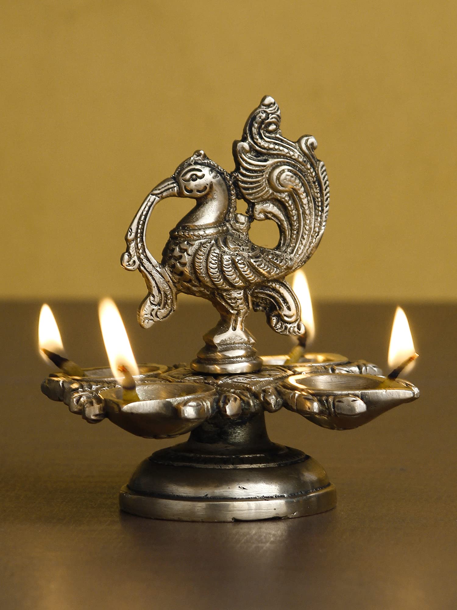 eCraftIndia Golden Brass Decorative Handcrafted Peacock Showpiece with Diya of 4 Wicks - Auspicious Designer Diya, Deepak, Deepa
