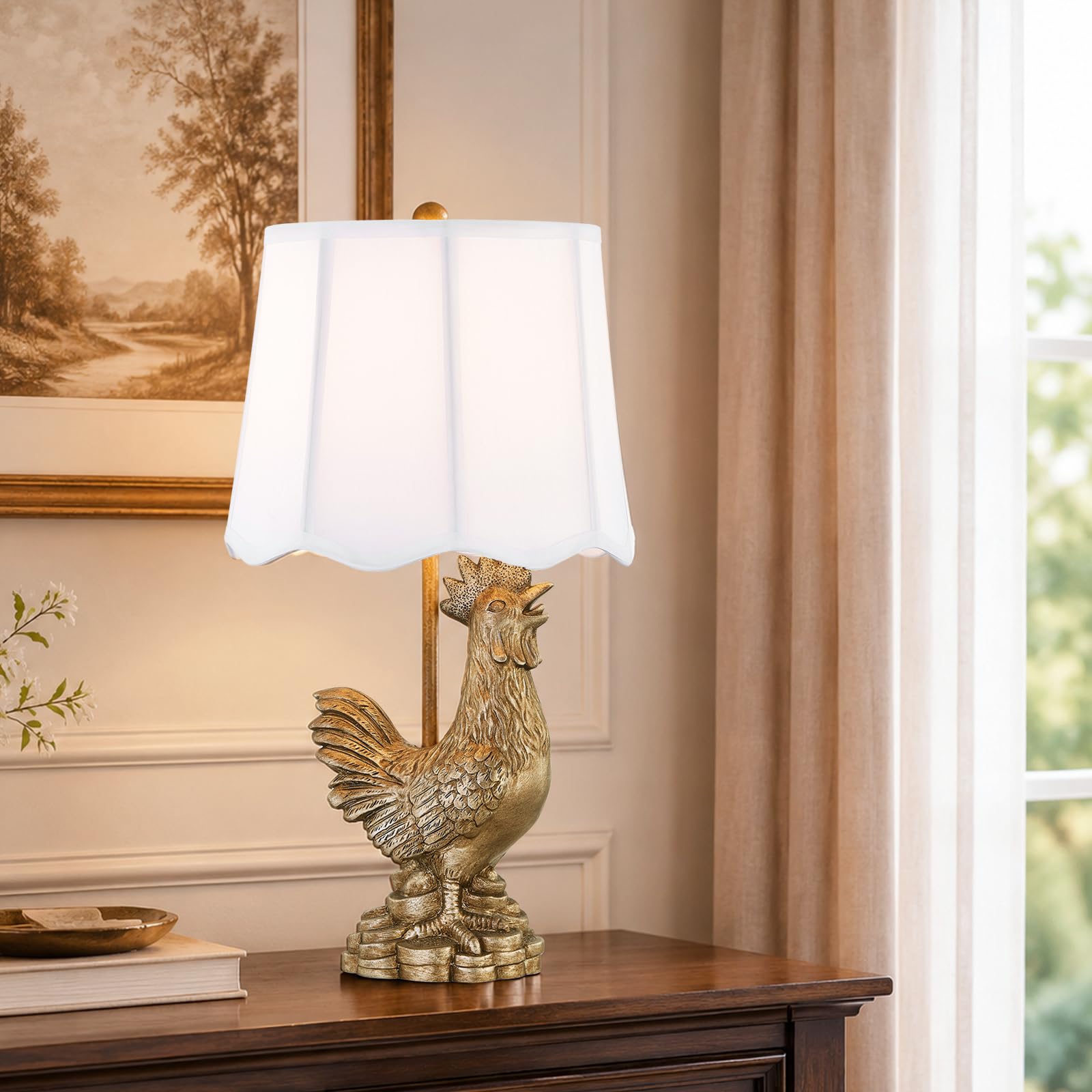Crestview Collection 21 Rooster Table Lamp, Gold Resin Farmhouse Lamp with White Silk Shade, Rustic Country Accent Lighting for 