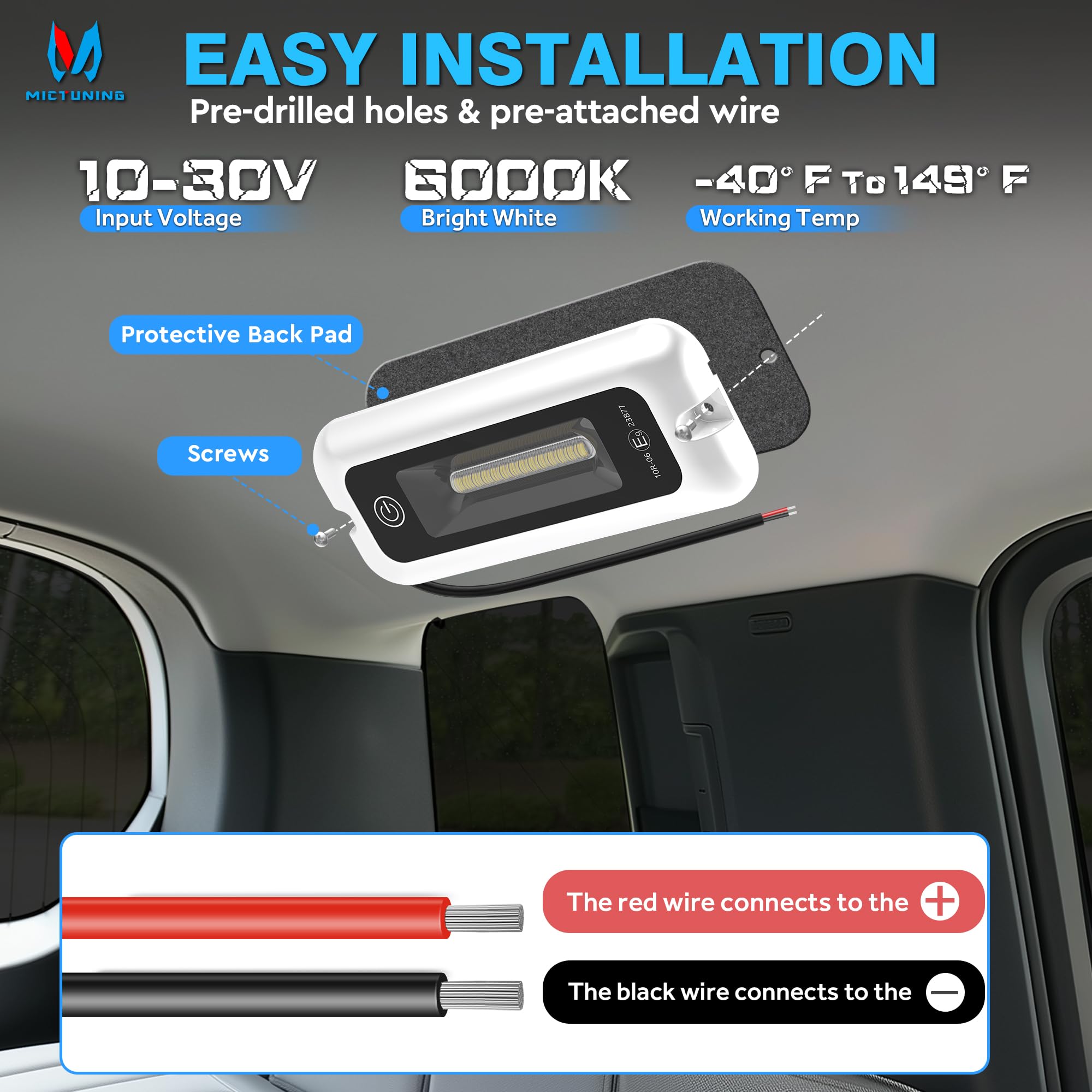 MICTUNING LED Interior Porch Light, Touch Screen, IP68 Waterproof Aluminum, 6 Inch Size, 6000K for RV, SUV, Boat, Home