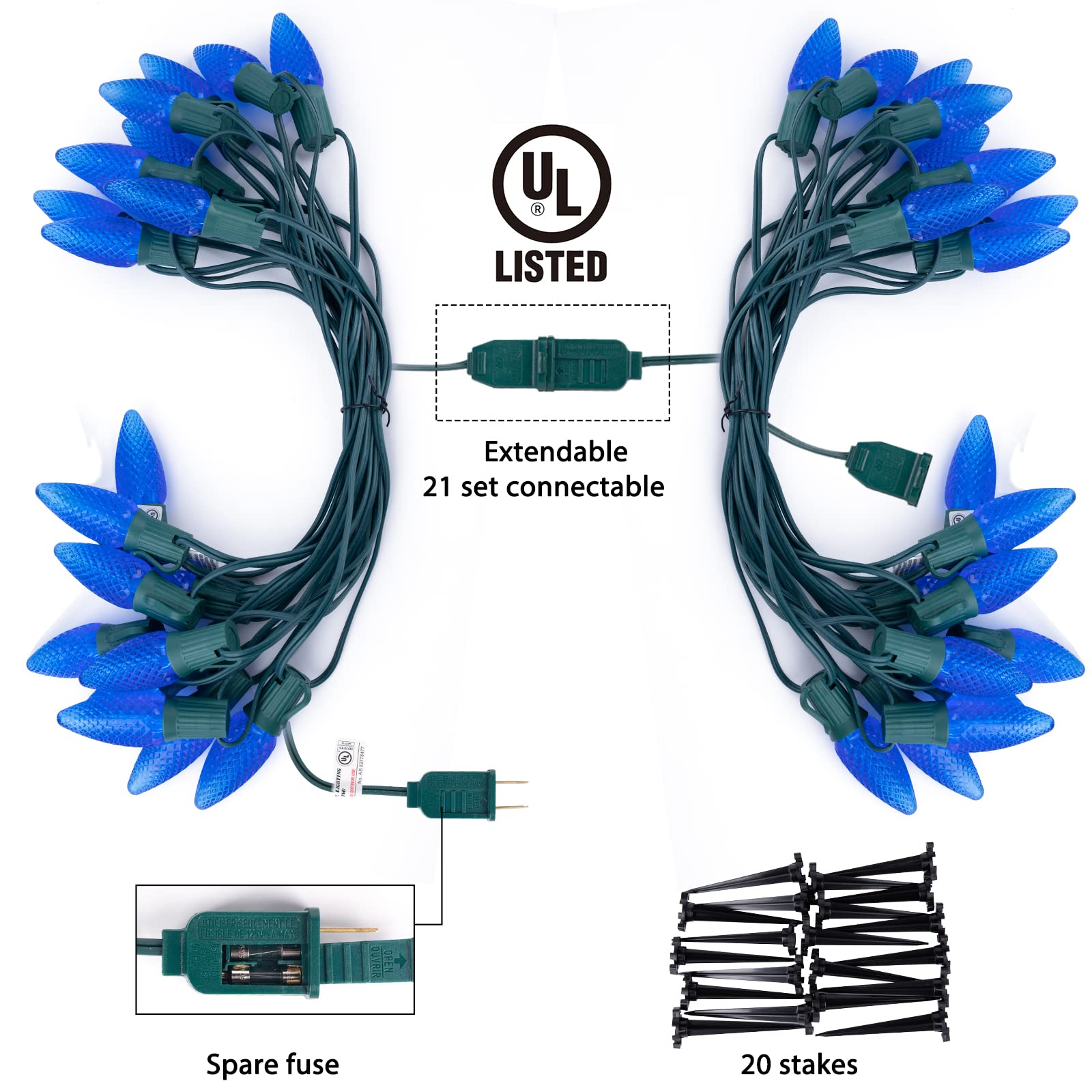 C9 Led Christmas String Lights, 20 Led 25.75 Feet Outdoor Waterproof Strawberry Lights With 20 Stakes, Extendable Green Wire Str